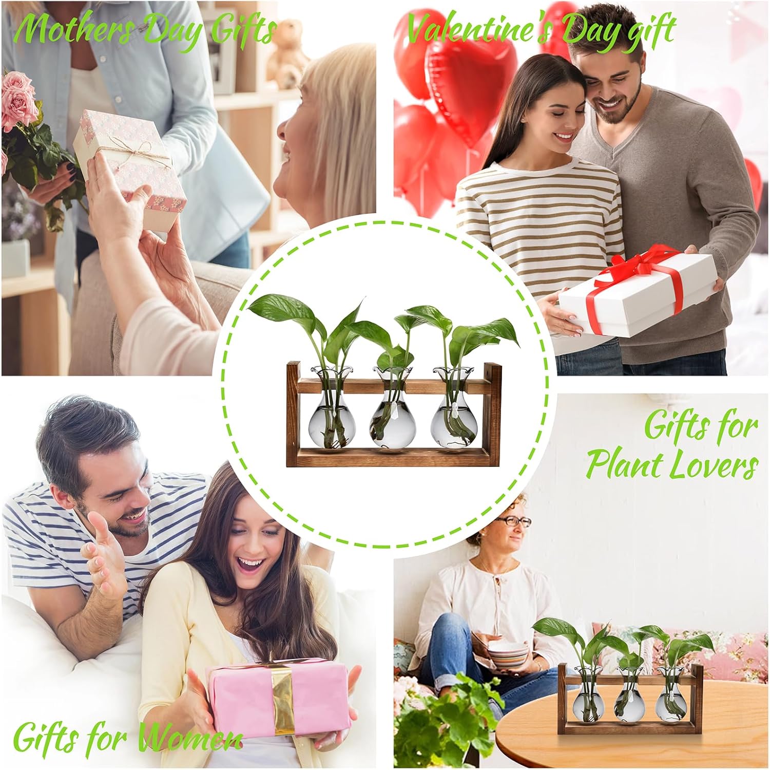 Plant Propagation Station Plant Terrarium Unique Birthday Gifts for Women Home Office Decor Planter with Wooden Stand - 3 Bulb Glass Vase - Image 6