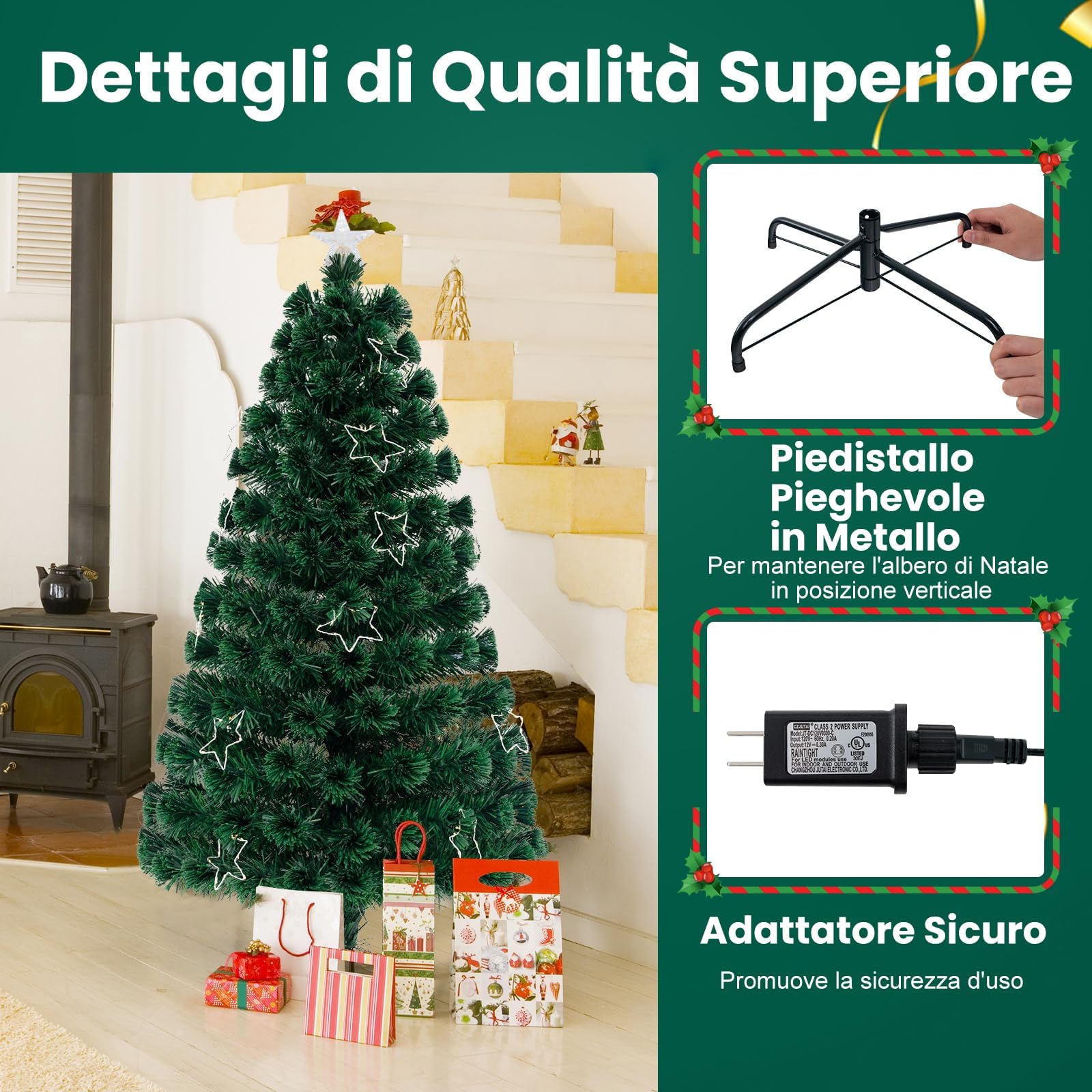 RELAX4LIFE Árbol de Navidad con 130 Ramas, 197 Luces LED Blancas Cálidas, 18 Decoraciones Estrelladas y Fibras Ópticas, Arbol de Navidad con Luces Incorporadas, Arvore de Natal (120 cm)