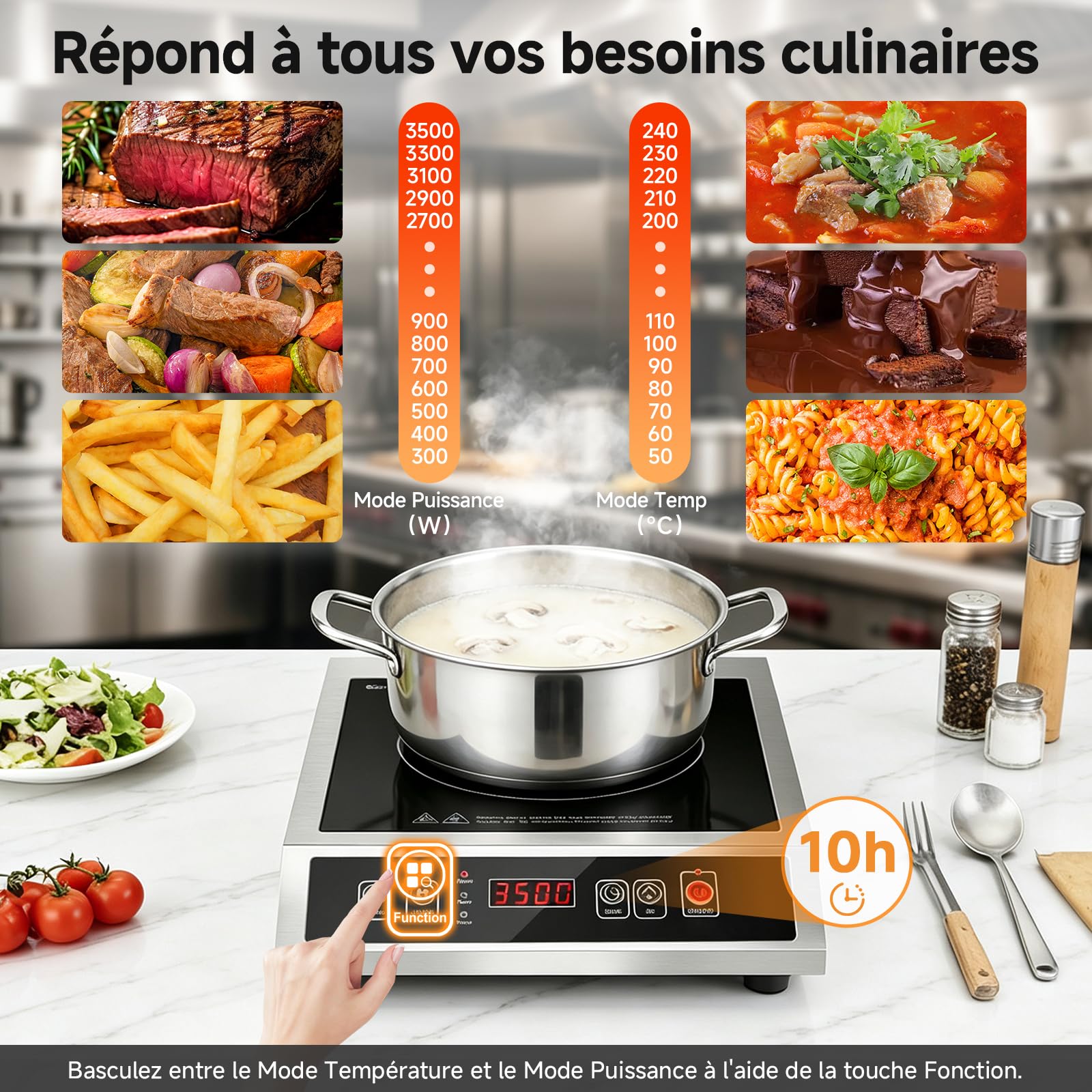 AMZCHEF Plaque Induction Commerciale 3500W, 21 Niveaux de Puissance&20 Niveaux de Température, Corps en Acier Inoxydable, Minuterie 10H, Adapté pour Cuisine de Restauration Professionnelle Restaurant