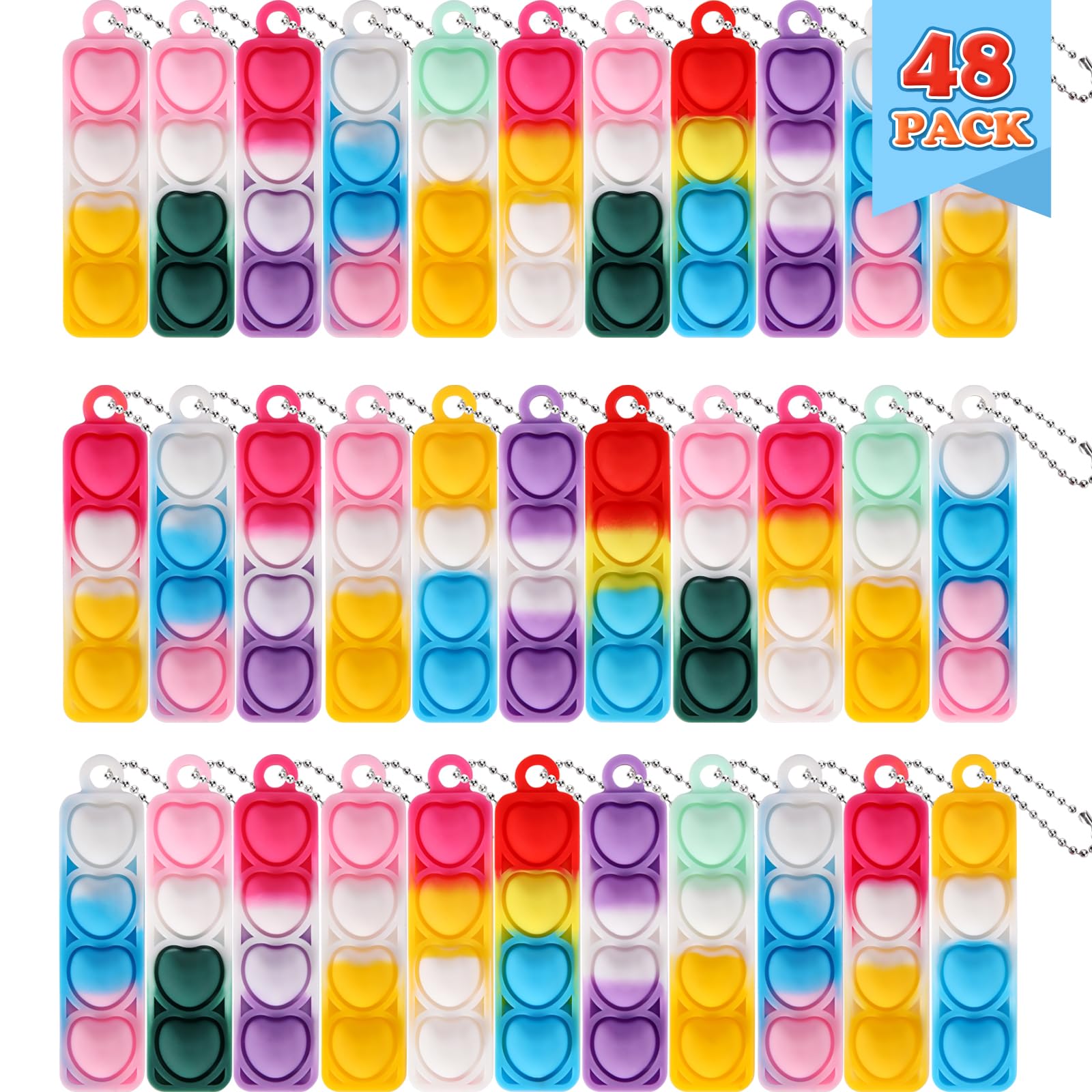 48 PCS Mini Pop Fidget It Heart Keyrings, Valentines Birthday Party Bag Fillers for Kids, Classroom Prizes, Silicone Sensory Keychain Toy for Adults Kids