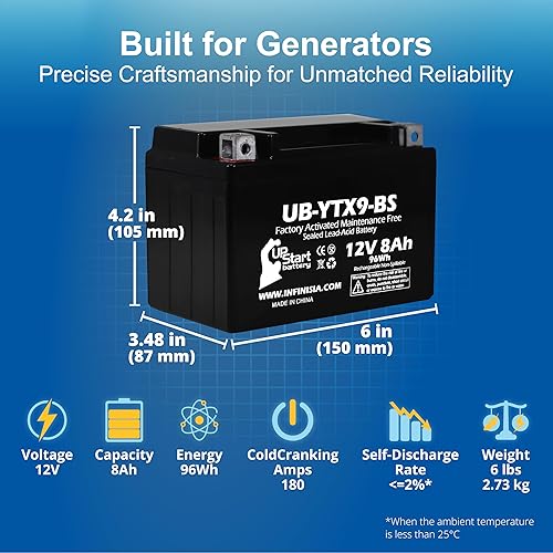 Miniatura 3 de Batería/Generador de recambio para tractor Honda EU3000 2011, sin mantenimiento, de fábrica, 12V, 8Ah, UB-YTX9-BS