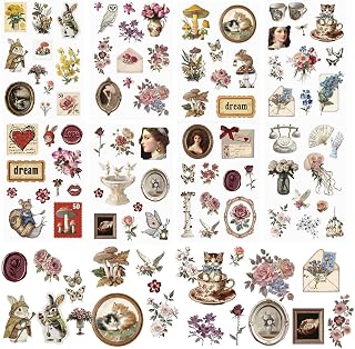 16 Sheets Vintage Aesthetic Scrapbook Stickers, Waterproof Transparent Retro Sticker for Scrapbooking Journaling DIY Crafts,Cottagecore Decals for Kindle, Water Bottle, Vision Board,Planner