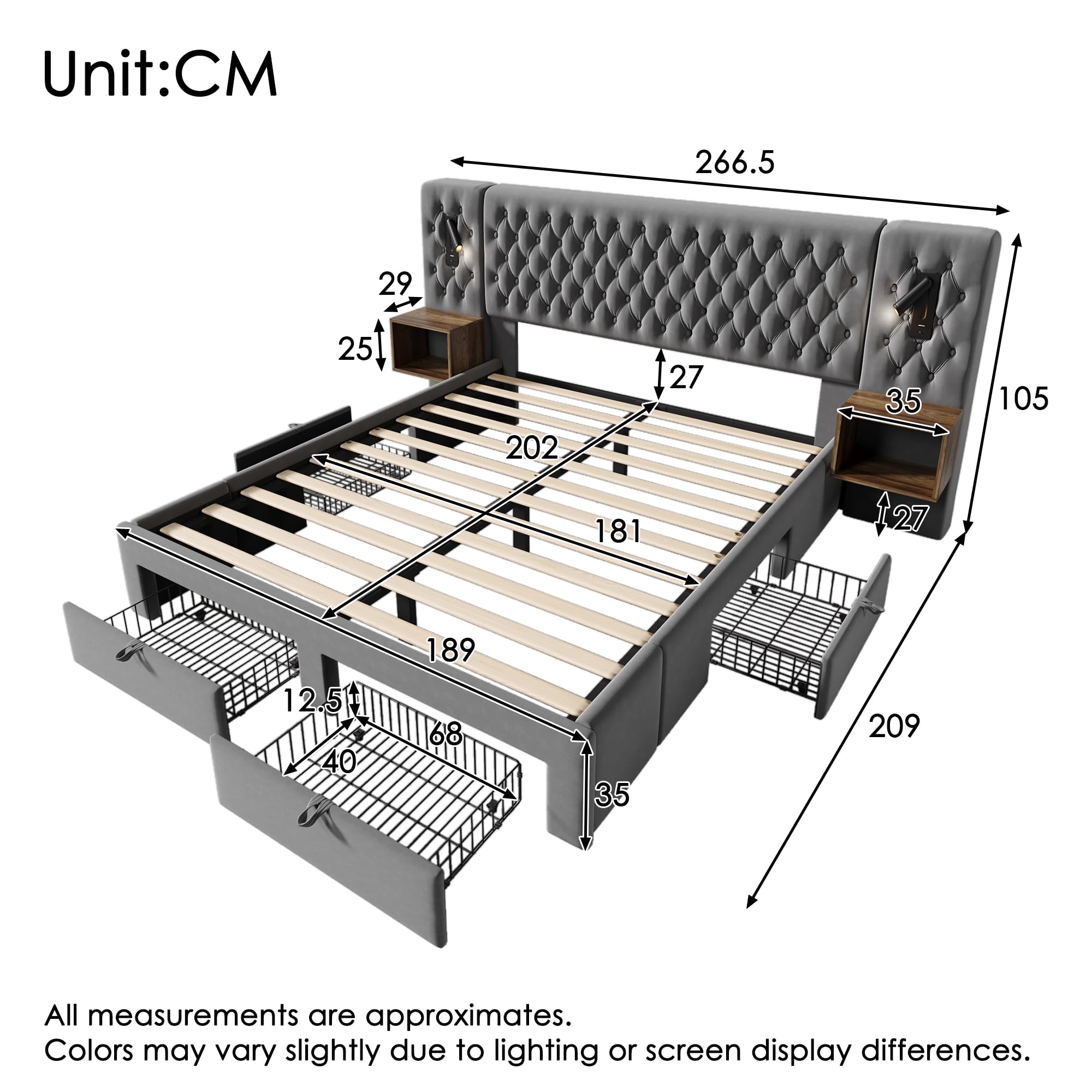 Zepneiy Lit 180x200 avec Sommier LED et USB et 2 Tables de Chevet, Lit Coffre 180x200 avec 4 Tiroirs et Tete, Lit Double avec à Lattes 2 Personnes, Lit Rembourré Cadre de Velours (sans Matelas)
