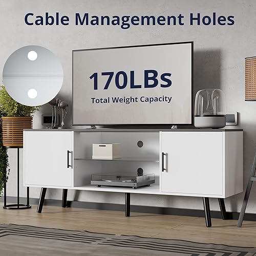 Miniatura 3 de Cozy Castle Soporte de TV para TV de 6065 pulgadas con estante de cristal, centro de entretenimiento moderno con estante ajustable y 2 gabinetes,