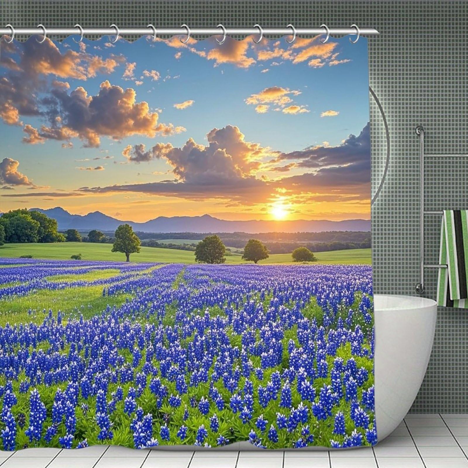 FekiLoot Texas Bluebonnets Scenery Shower Curtain Minimalist Thick Bathroom Curtain Washable Modern Bathroom Shower Curtain Heavy Duty Waterproof Cloth Bath Curtain with Hooks 70.8"x70.8"