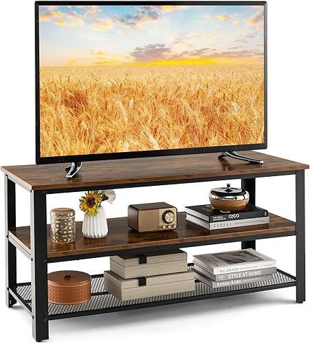 Tangkula Soporte de TV para televisores de hasta 50 pulgadas mesa de consola de 3 niveles centro de entretenimiento con estantes de almacenamiento