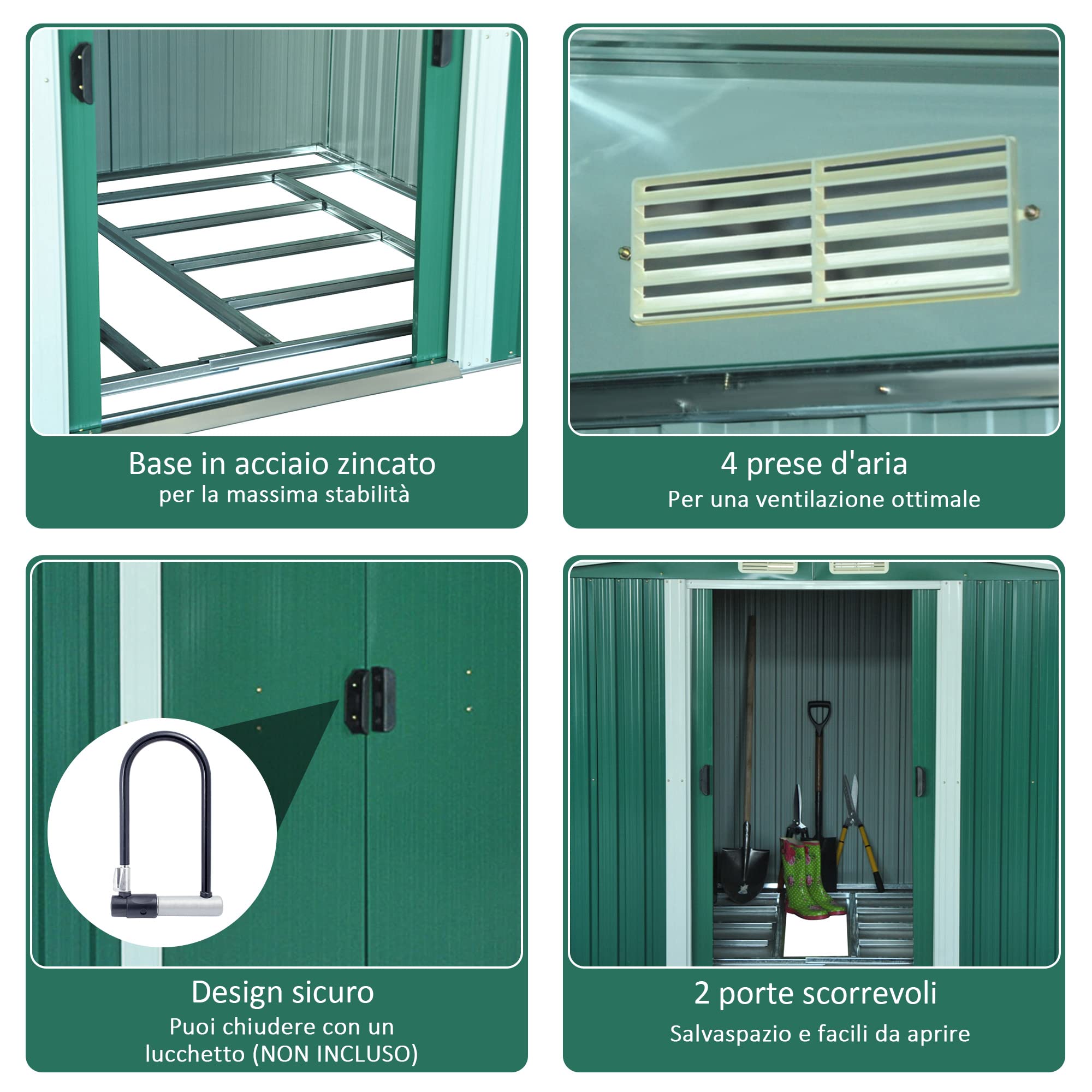 Outsunny Casetta da Giardino Porta Utensili con Base 258x206x178cm Verde | Lamiera di Acciaio, Capanno da Giardino in Acciaio, Porte Scorrevoli
