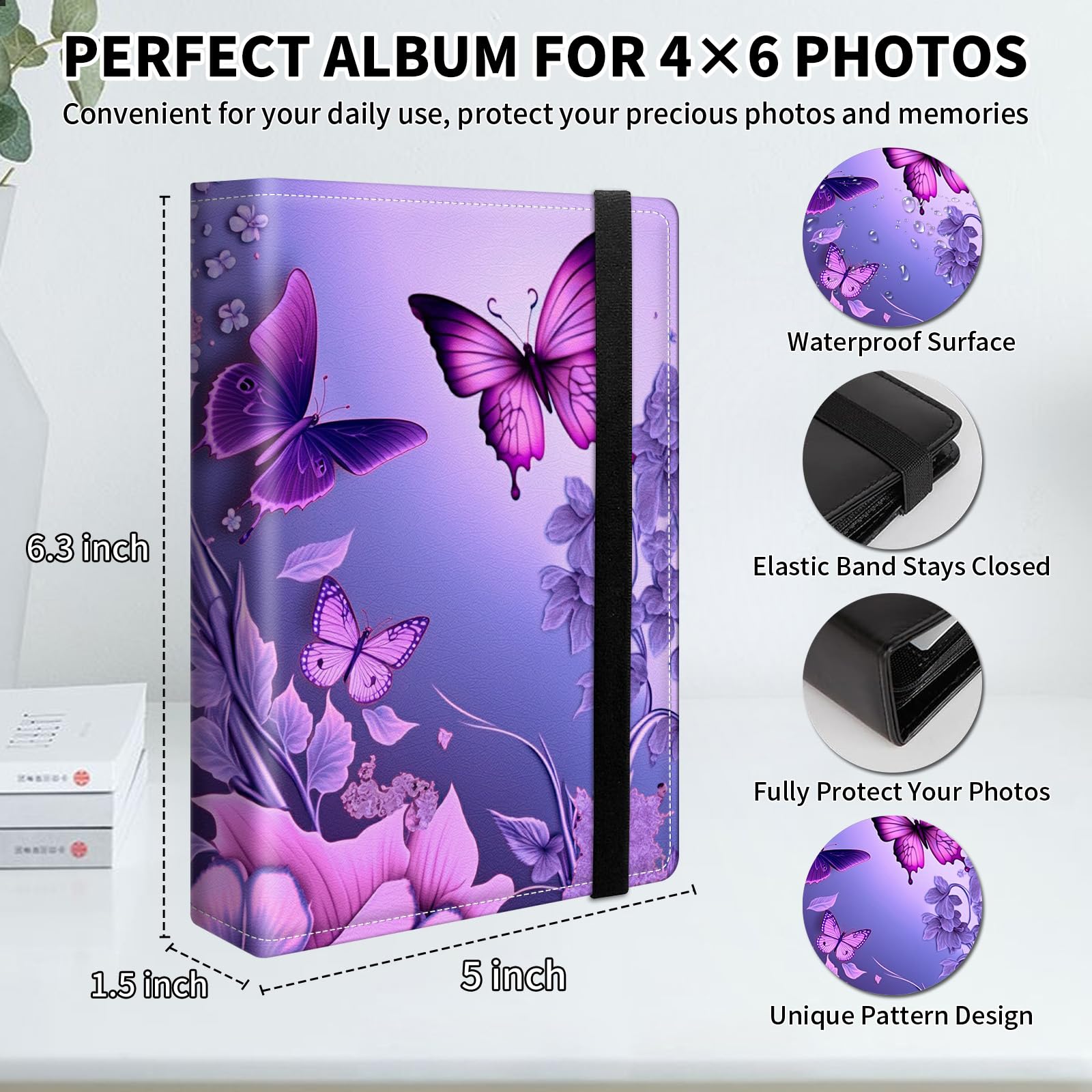 Mały album na zdjęcia, 10 x 15 cm, z 120 zdjęciami, przezroczystymi kieszeniami wewnętrznymi i elastyczną opaską, urocze albumy na zdjęcia na rodzinną rocznicę, ślub, różowe kwiaty, fioletowe