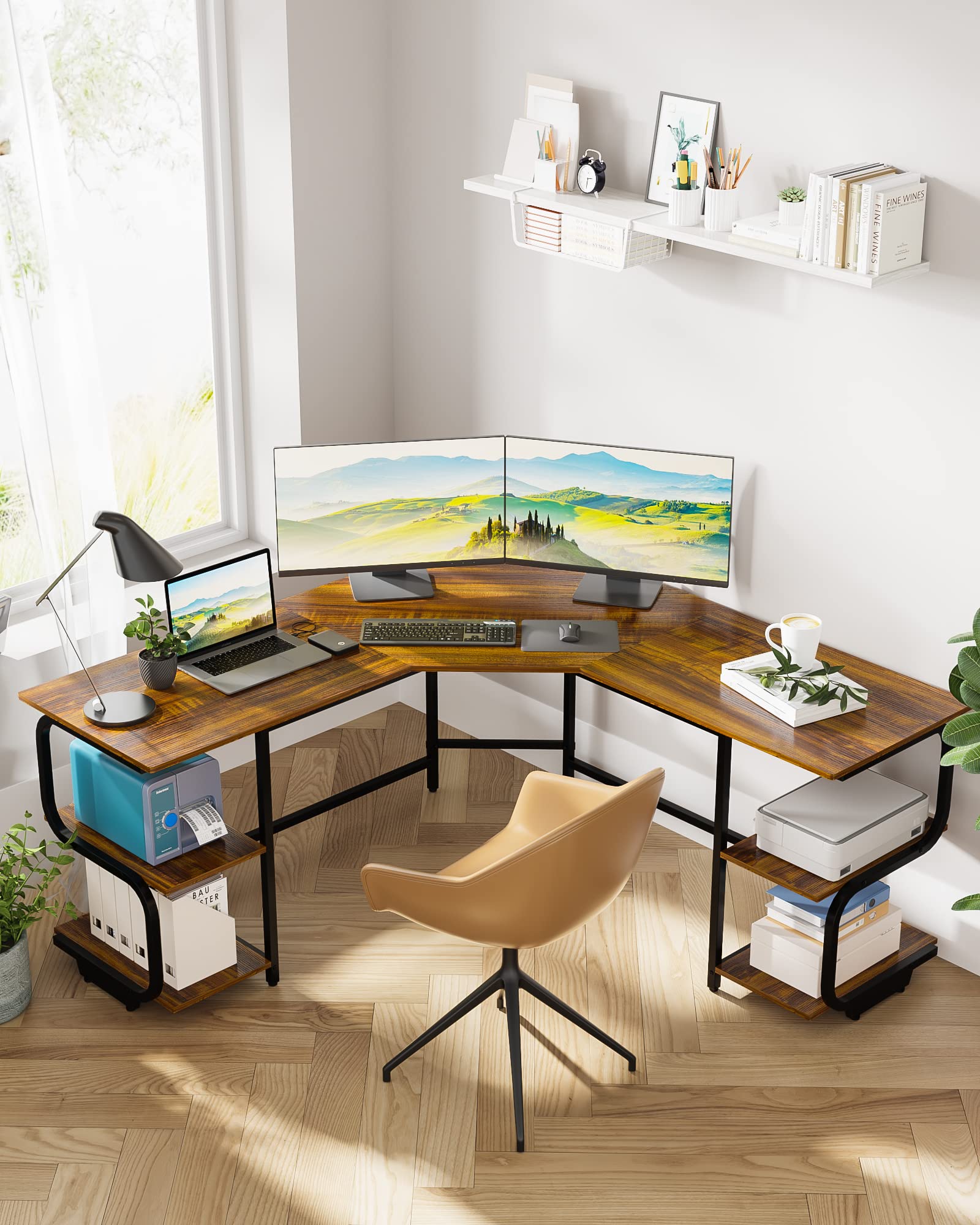 Escritorio moderno en forma de L con estantes, escritorio de computadora, escritorio de juegos para oficina en casa, mesa de trabajo de esquina con escritorio grande (teca + marco negro, grande + estantes de 4 niveles) 4
