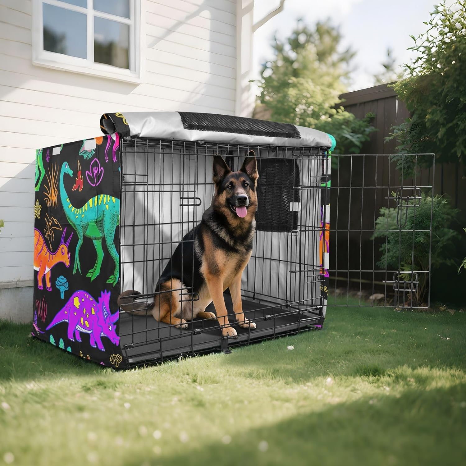 Colorful Dinosaurs Dog Crate Covers Fixed Buckle at Bottom, Pet Crate Cover with Roll-up Sides, Large