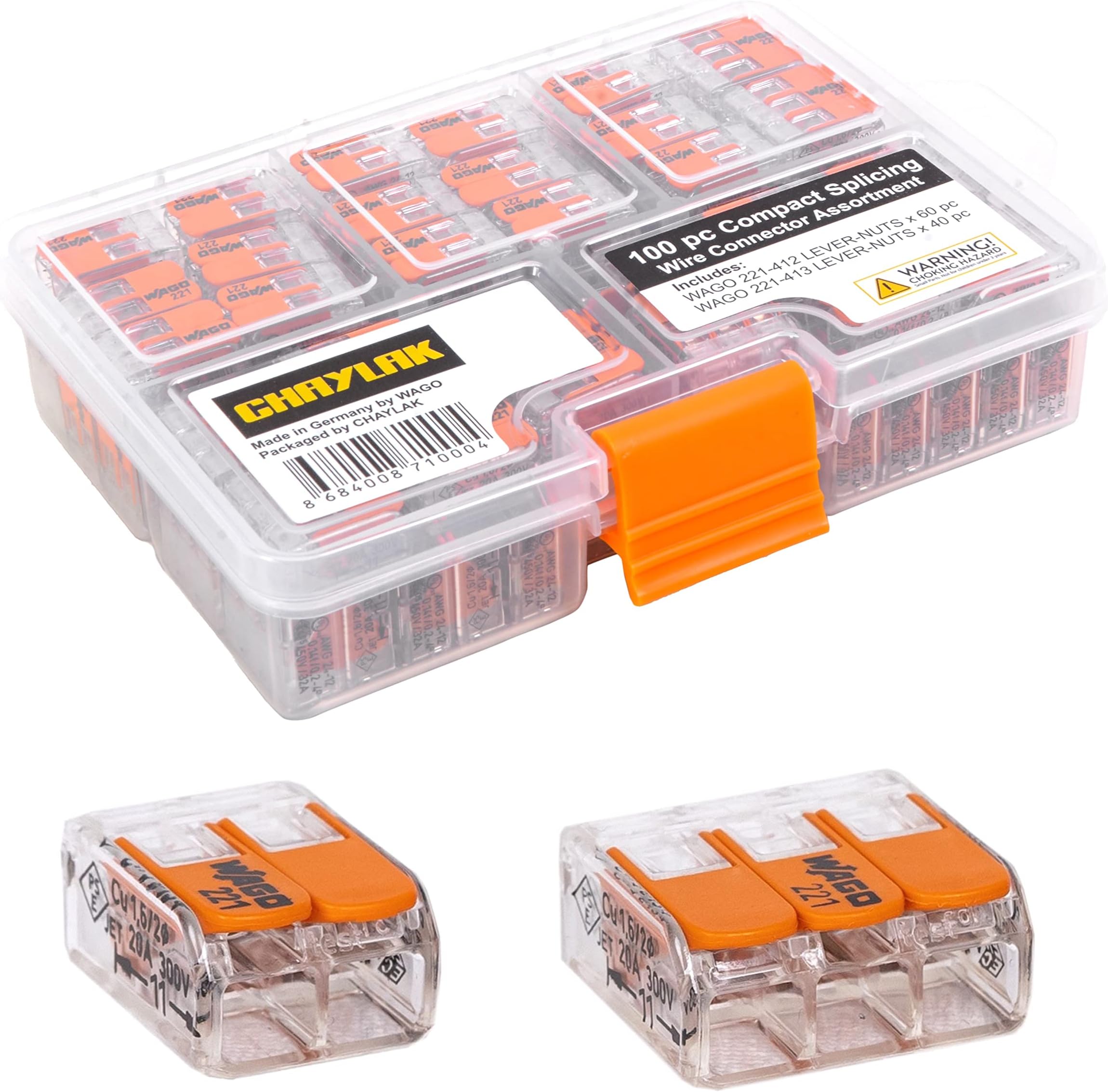 Wire Connectors 100 pcs, 221 Series Electrical Connectors Assortment with Case, Includes (60x) 221-412, (40x) 221-413, Compact Splicing Wire Nuts