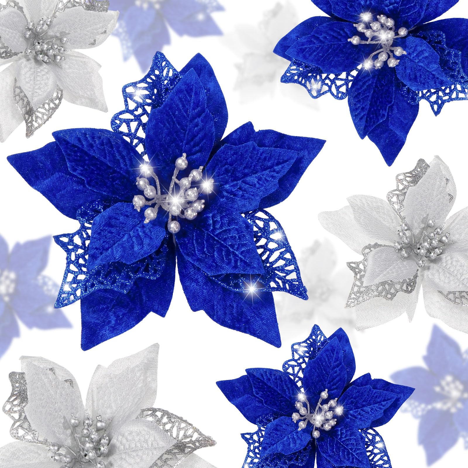 Boao 24 Pieces Christmas Artificial Glitter Poinsettia Flowers Xmas Flowers Wedding Christmas Tree New Year Ornaments(Royal Blue and Silver) — image 1