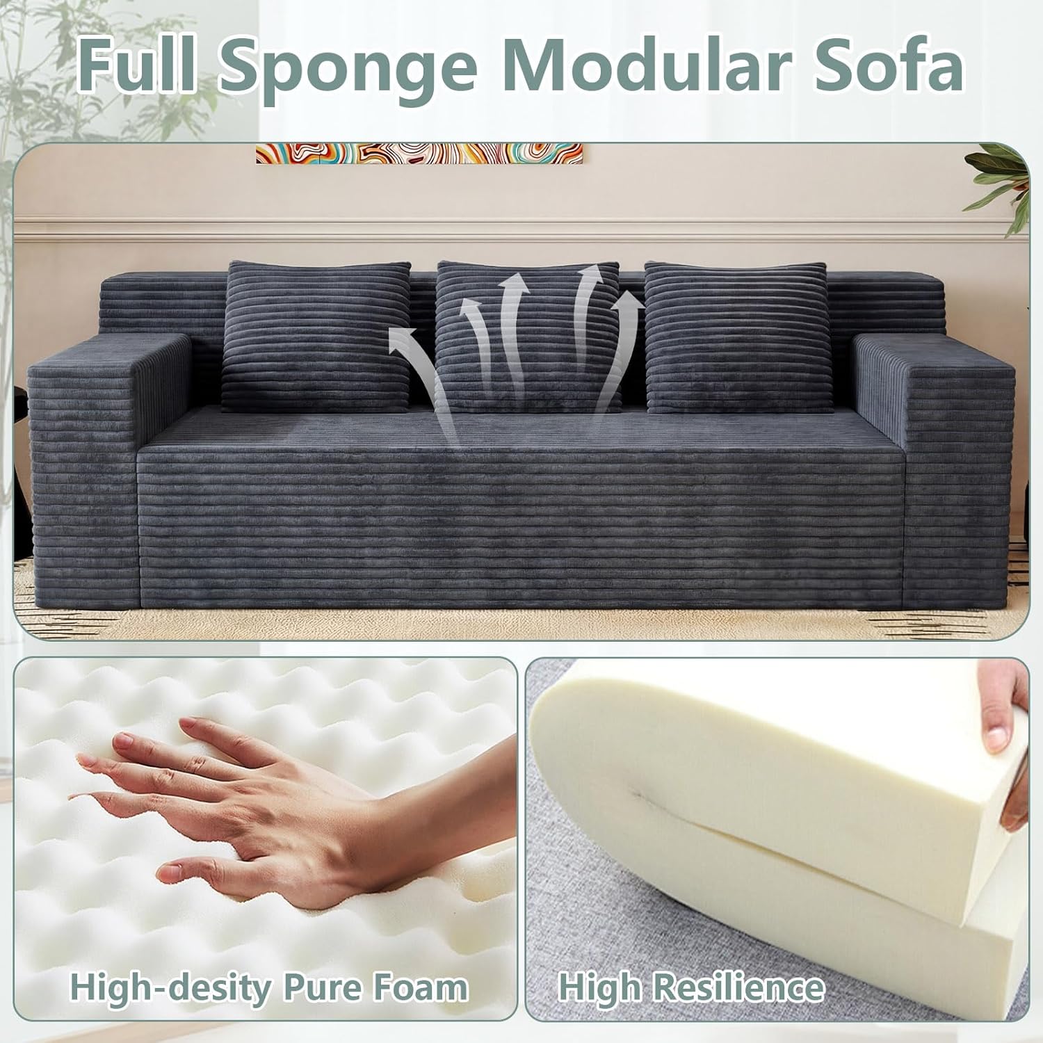 71" Cloud Loveseat Sofa,Boneless Deep Seat 2-Seater with 3 Pillows&Side Pocket,No Assembly Foam Floor Couch,Plush Corduroy Living Room Sofa for Small Space Apartment(Flat Handrail,Dark Grey)