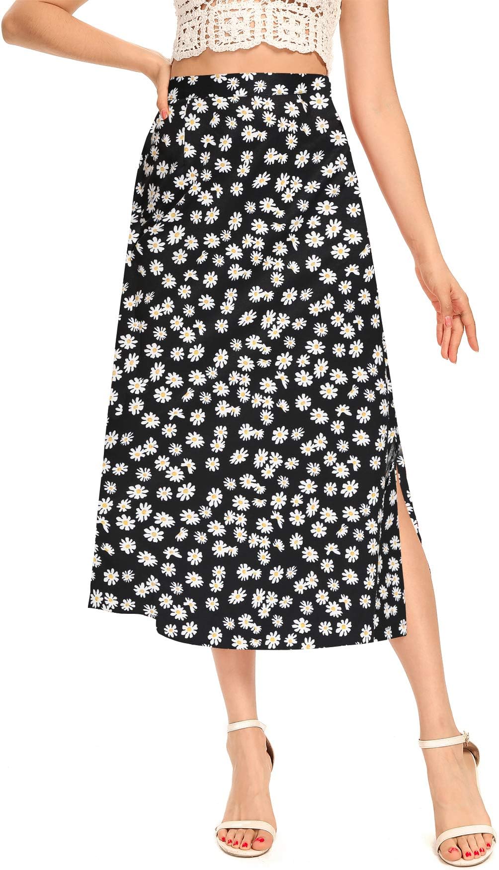 LYANER Women's Casual Print Side Split High Waist Zipper Midi Skirt