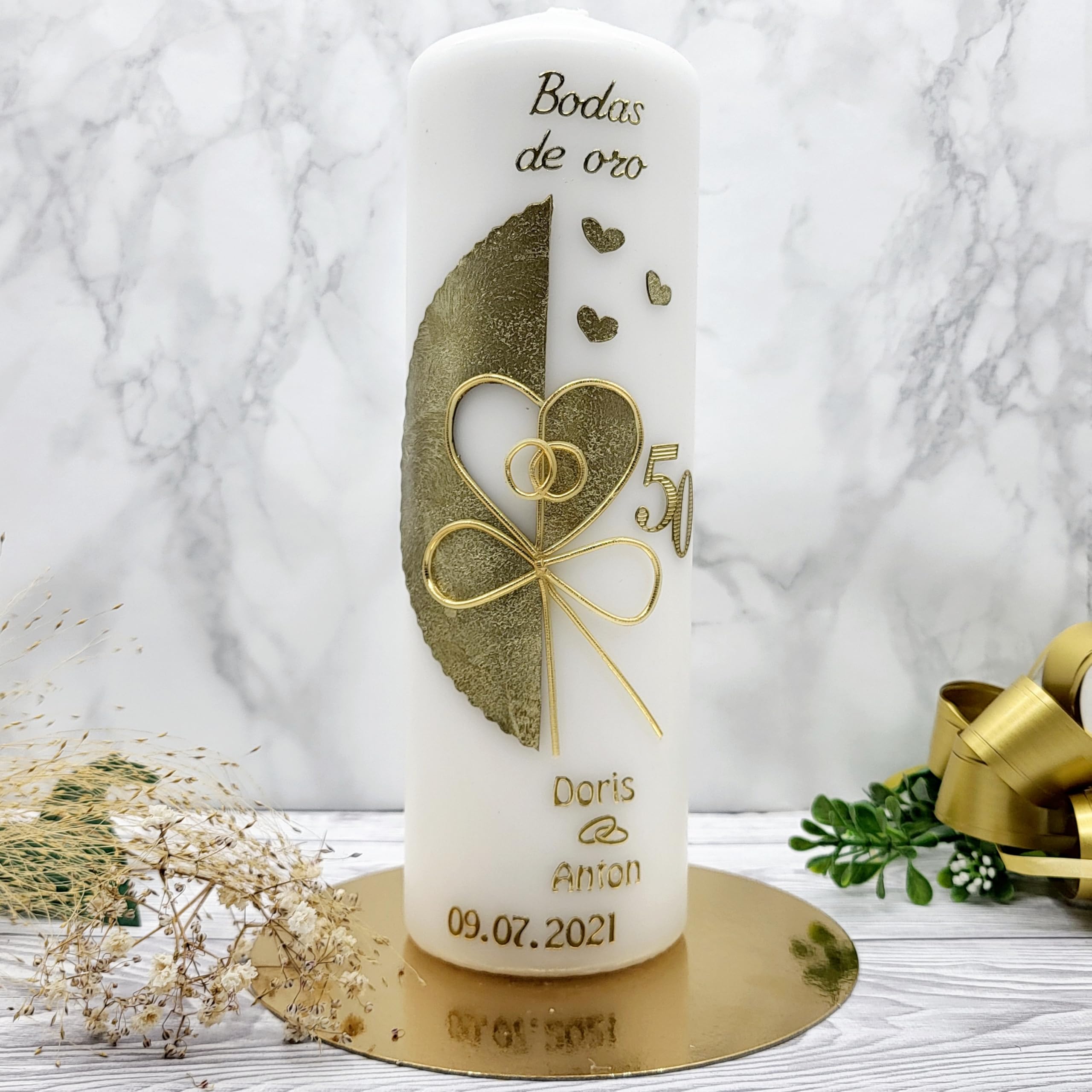 Handverzierte Kerze goldene Hochzeit GH-21 mit Namen & Datum