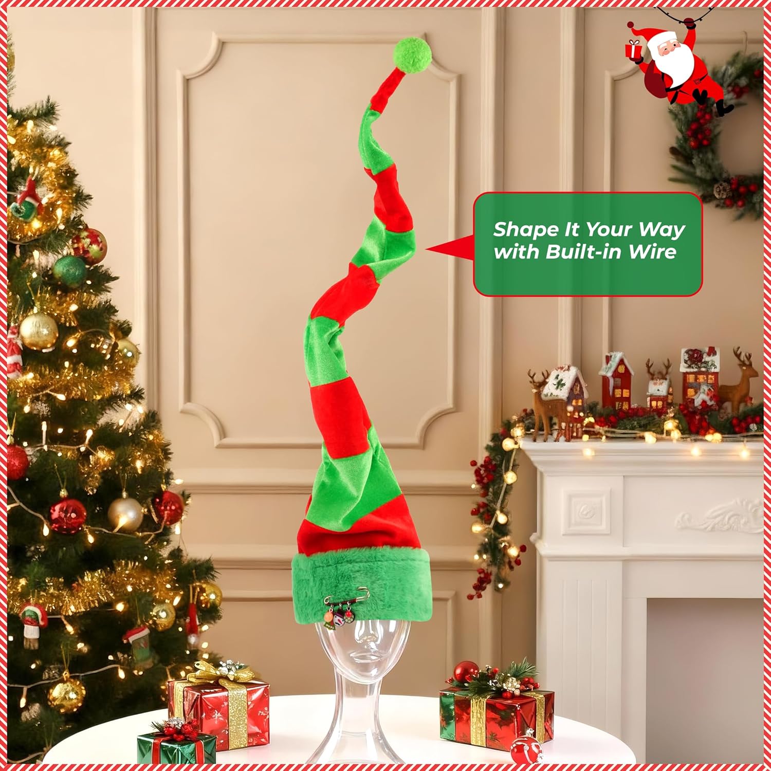 Christmas Elf Hat, Elf Santa Hats with Cute Brooch Pin, Red and Green Strips Elf Hats for Christmas Party - Image 4
