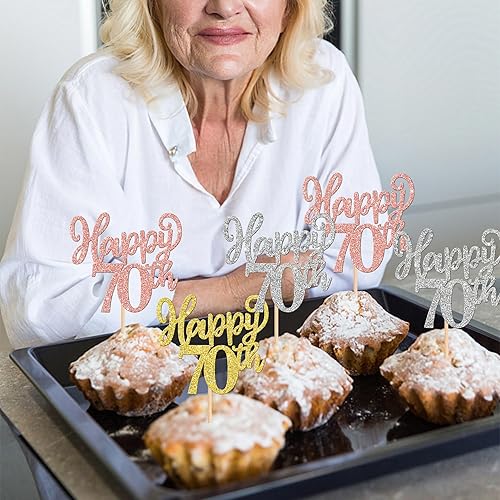 Miniatura 7 de 24 adornos para cupcakes con la frase "Happy 70th Cupcake Toppers Gold Rose Gold Silver Glitter Setenta Cheers to 70 Cupcake Picks 70" Fabulous