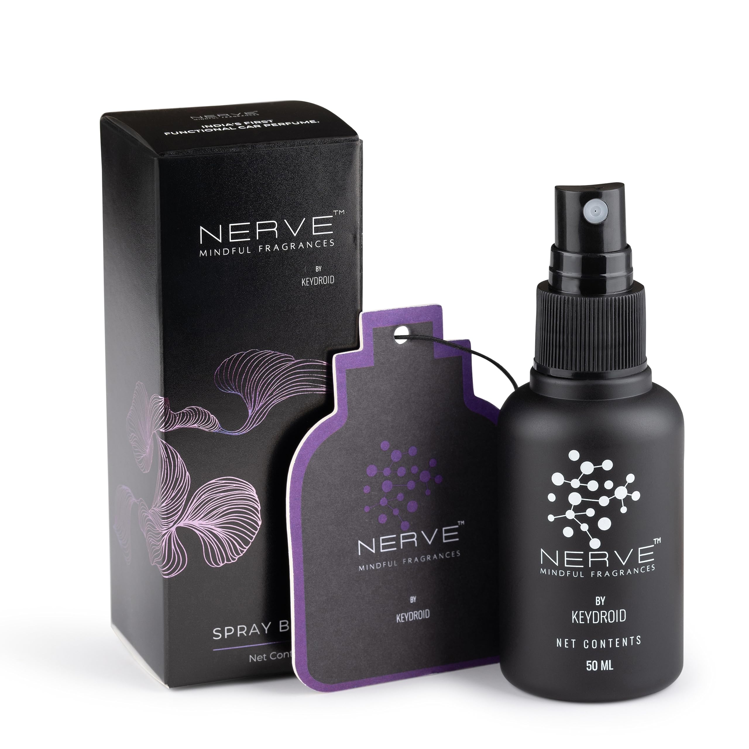 Keydroid Nerve Mindful Fragrances 50ml | Tuscan leather Fragrance | Car Mist Aroma Spray | Car Perfume with Hanging Air Freshener | Aromachology based | Long-Lasting, Anti-Odour | Natural Scent