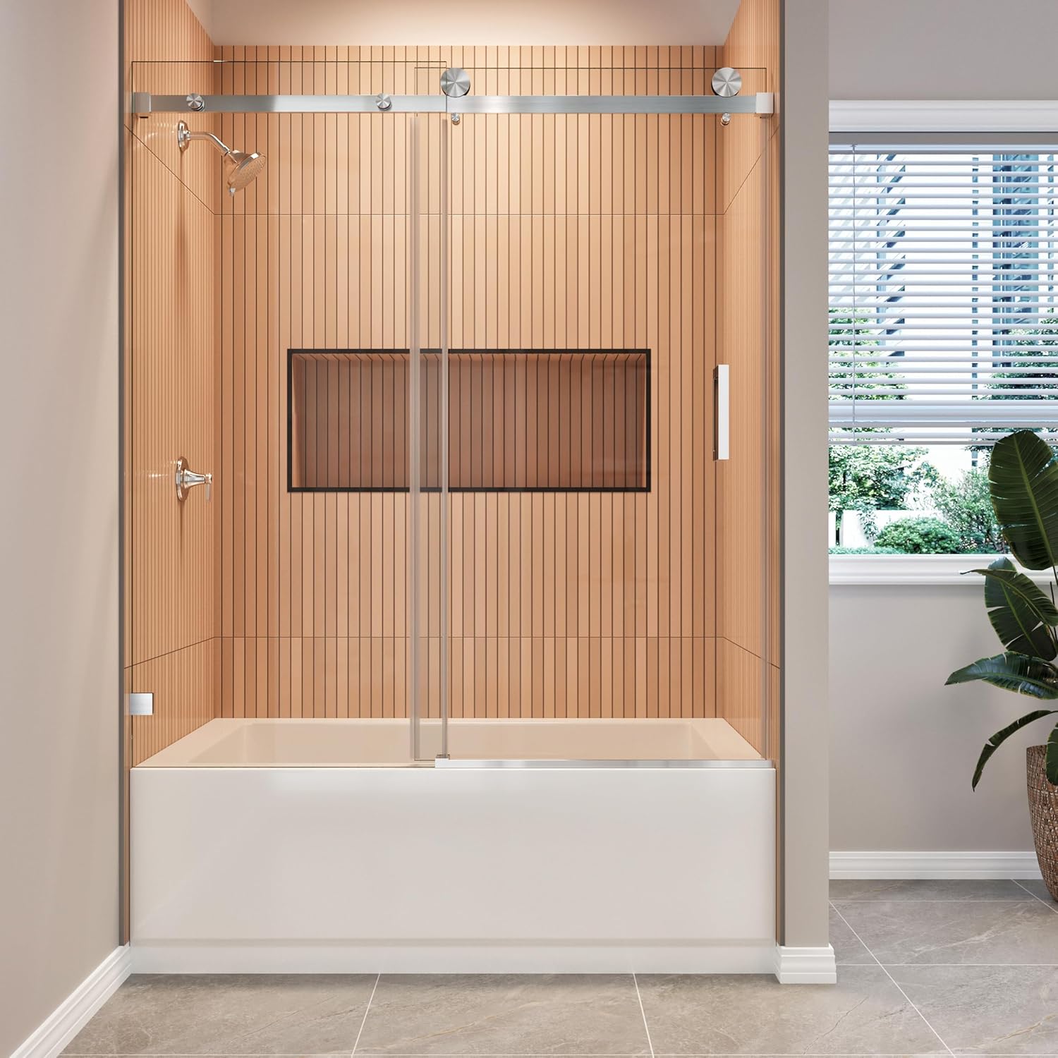 Bathtub Shower Door, 57-61" W x 66" H Glass Shower Door with 3/8" SGCC Tempered Glass, 304 Stainless Hardware Sliding Shower Door, Includes Back-to-Back Handle(Brushed Nickel)
