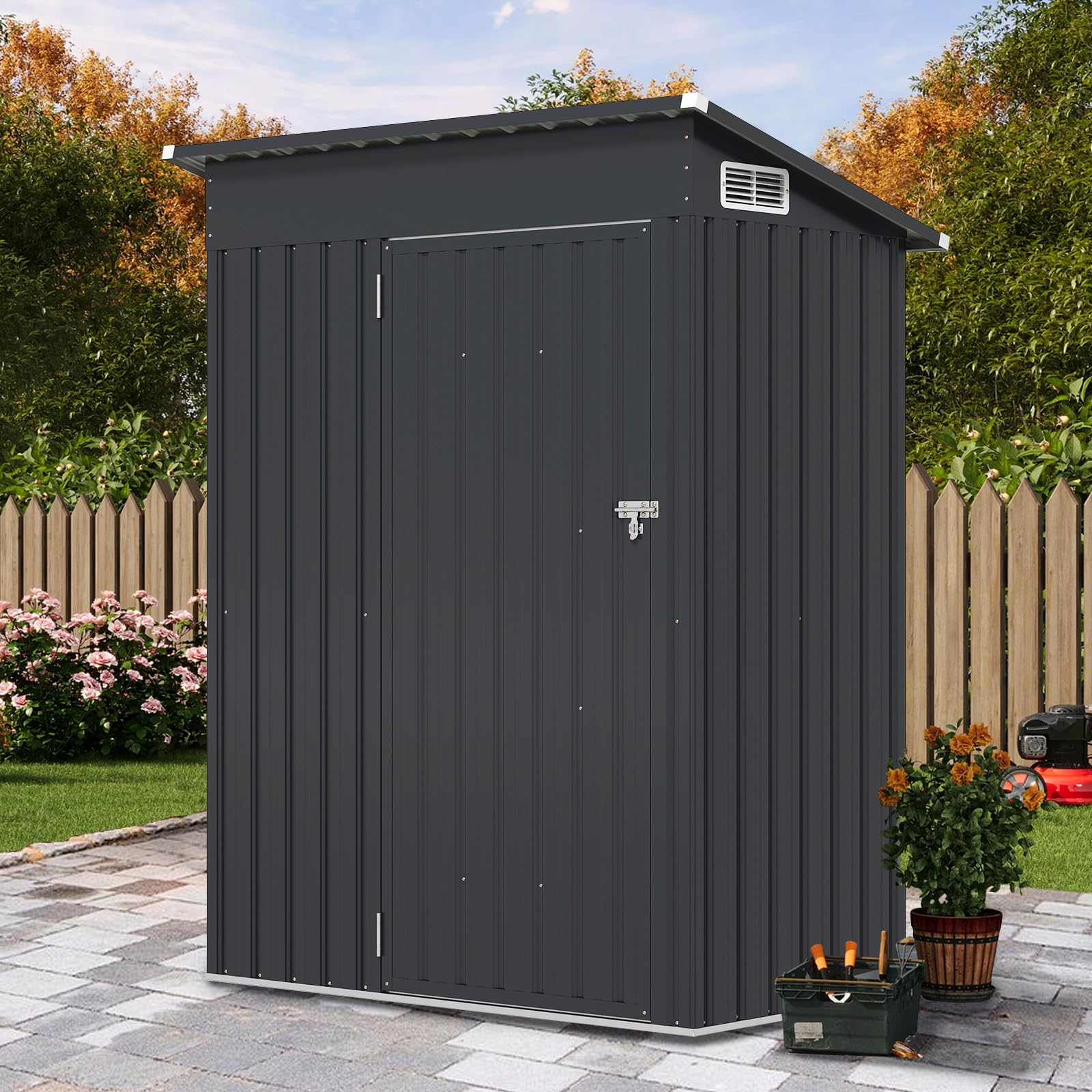 COSTWAY Gartenhaus Metall, Gerätehaus mit Pultdach & Tür (Dunkelgrau) | Geräteschuppen abschließbar, Gartenhütte Gartenschuppen, Garten Schuppen Outdoor, 150 x 90,5 x 185 cm | 1,5 m³