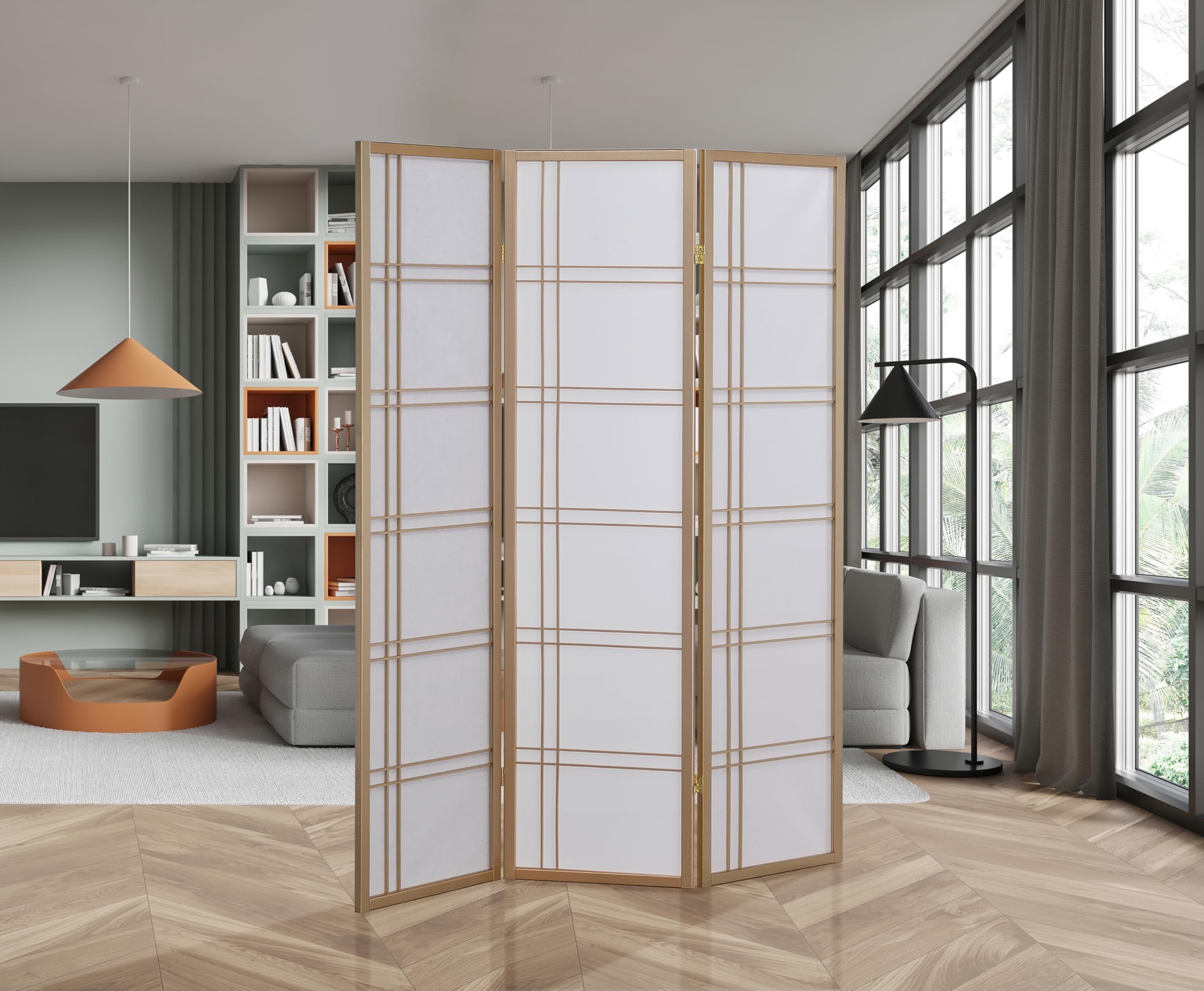 3 Panels Room Divider Privacy Screen Shoji Divider 6ft High Japanese Style Privicy Room Divider (Gold, 3 Panels)