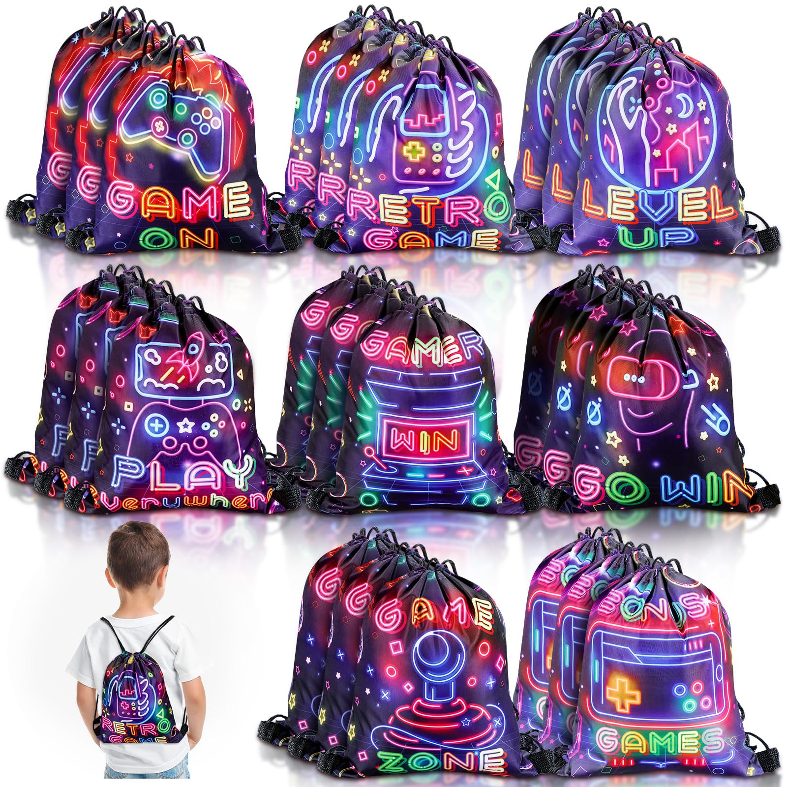 Huhumy 16 bolsas de recuerdo de fiesta de videojuegos, bolsas de cordón de neón de 12 x 10 pulgadas para niños y niñas, juego temático, suministros de fiesta, regalos, bolsas de dulces para fiestas de