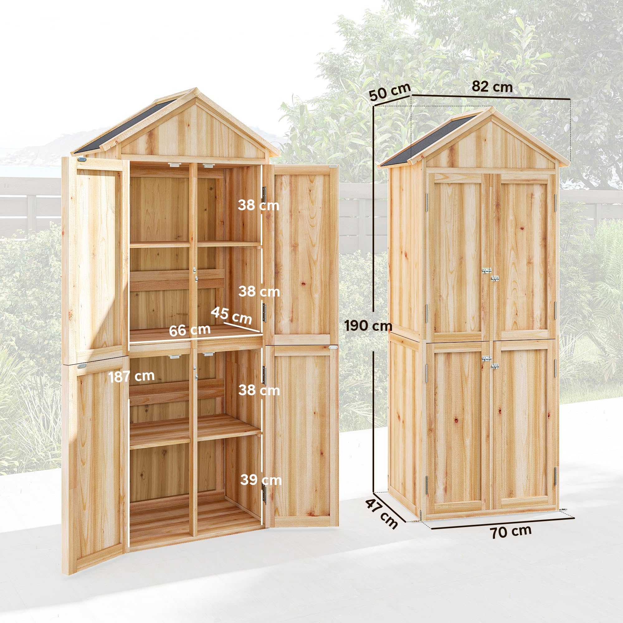 Outsunny Armadio da Giardino in Legno di Abete con Kit Antiribaltamento Casetta Porta Attrezzi da Esterno con Ripiani Rimovibili 4 Ante Bloccabili Tetto in Asfalto Inclinato 82x50x190 cm Color Legno