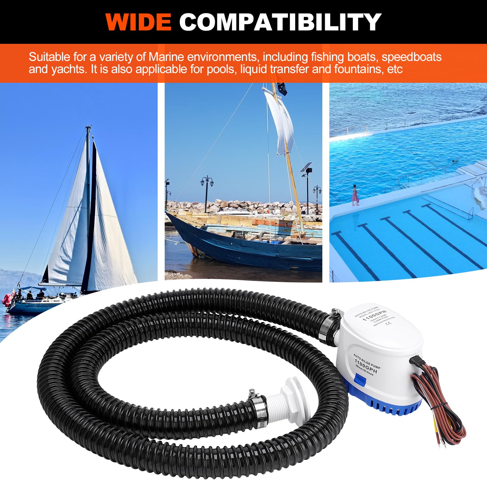 Bomba automática de agua de sentina para barco, 1100 GPH, 12 V, 1-1/8 pulgadas de diámetro, kit de fontanería con manguera de 6 pies, 2 abrazaderas, montaje a través del casco, ideal para barcos de