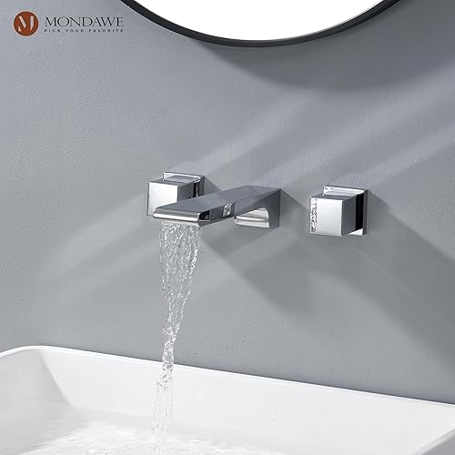 Miniatura 8 de MONDAWE Grifos de baño de montaje en pared con nivel de mango único grifo de lavabo de cascada grifo mezclador de lavabo en oro cepillado
