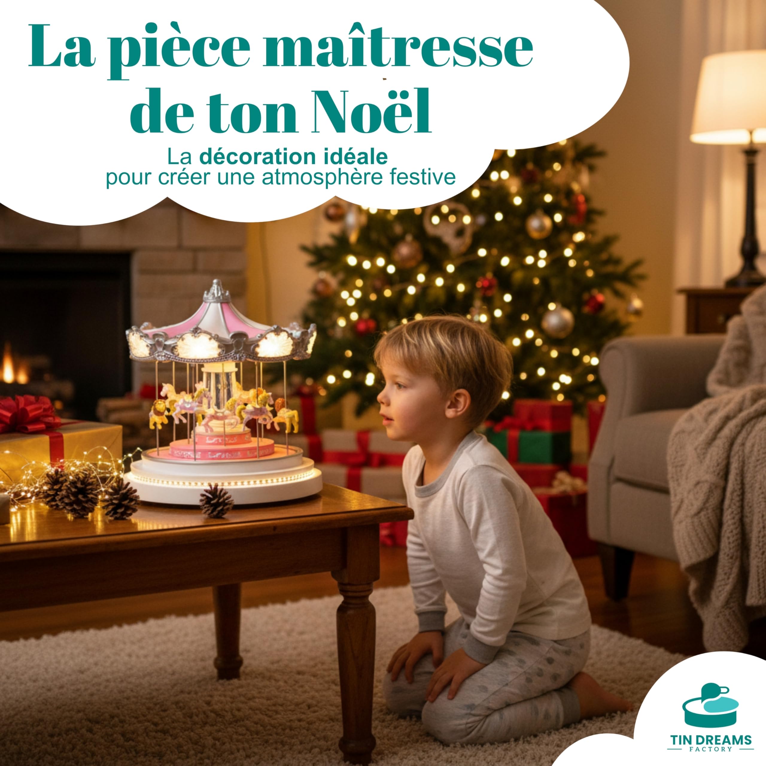 TIN Dreams | Grand Carrousel de Noël Musical avec Mouvement, Lumières LED et Bluetooth | Manège Décoratif | Petit Village de Noël, Scène Lumineux et Animé | Boîte à Musique Décoration Noël Intérieure