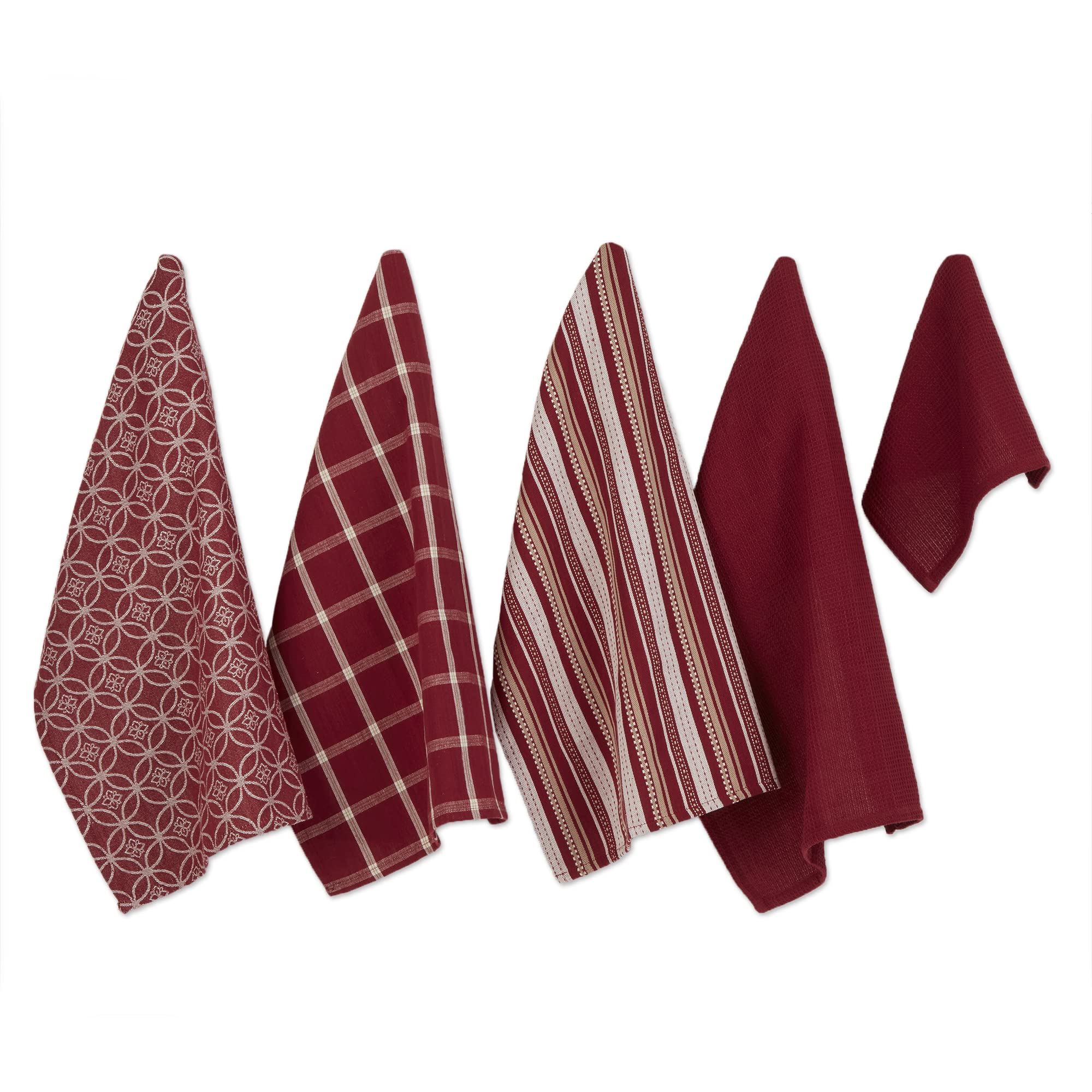 DII Assorted Woven Kitchen Set, Dishtowel, 18x28; Dishcloth, 13x13, Wine, 5 Piece