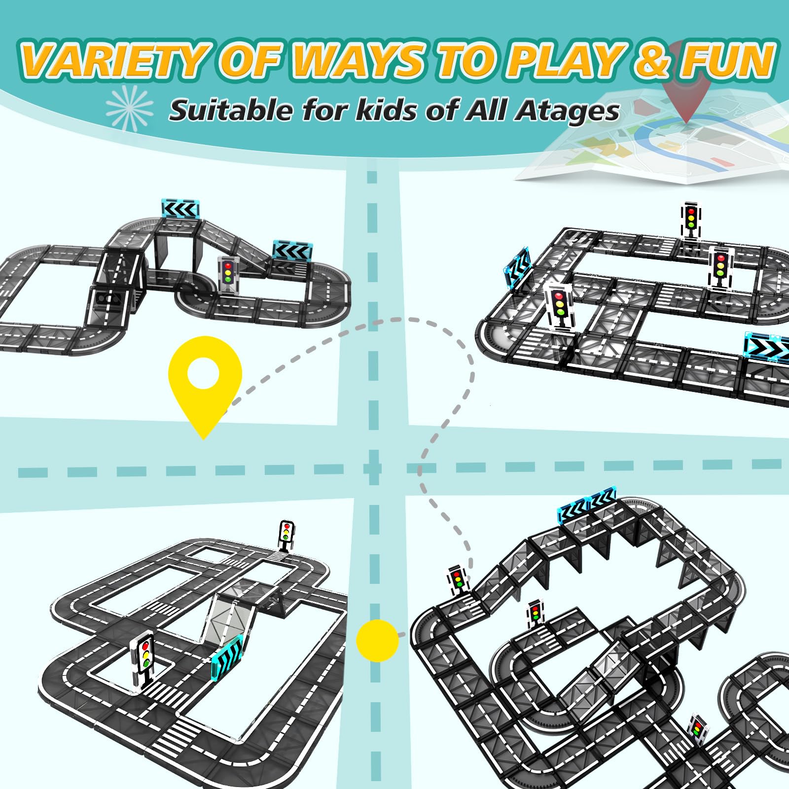 BuzzoXerex Costruzioni Magnetiche Strade, Piastrelle Magnetiche Bambini 70 pezzi, Tessere Magnetiche Blocchi Magnetici Giocattoli Costruzioni Regalo Bambino 3-4 anni
