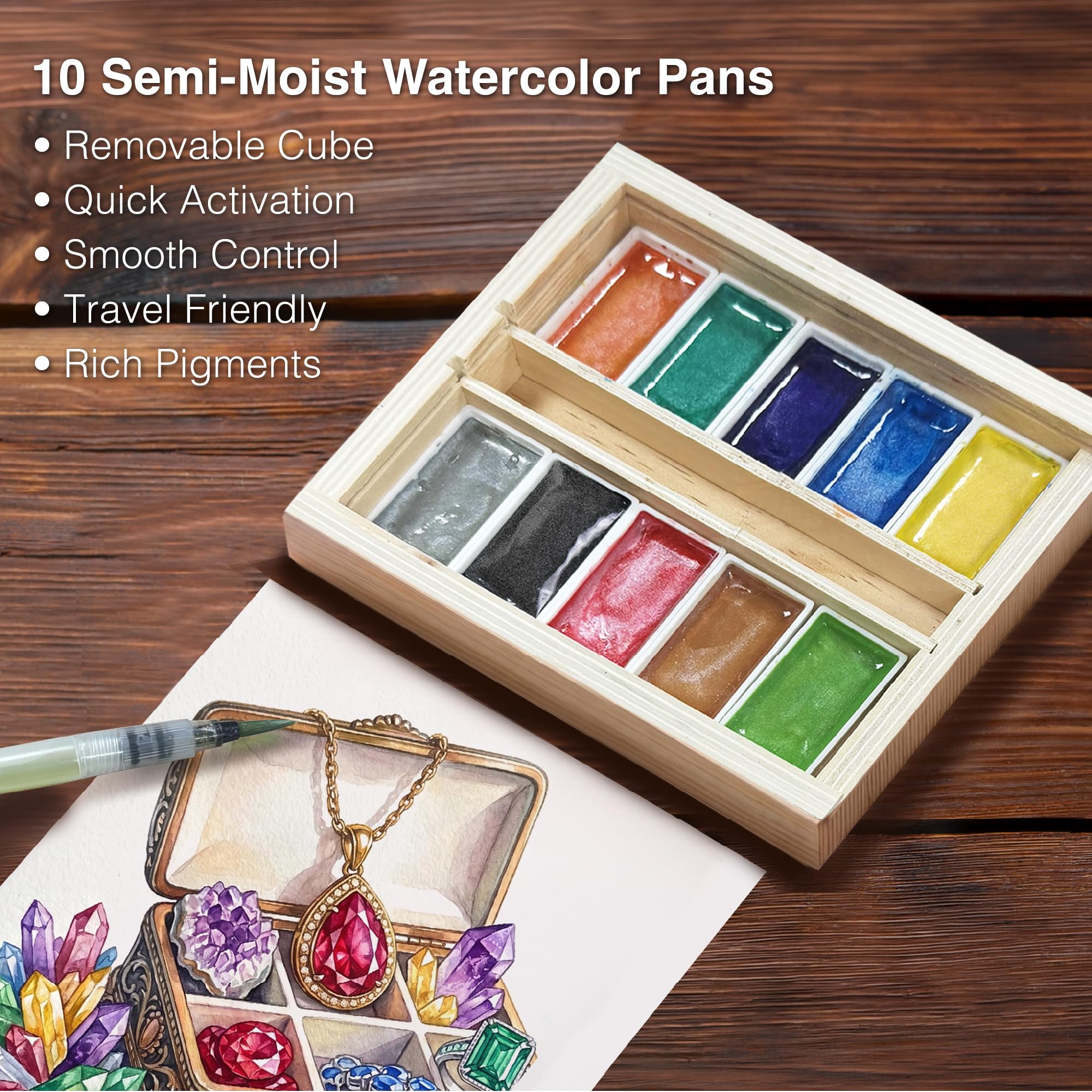 COLOUR BLOCK 14-teiliges Metallic-Aquarell-Pfannen-Set – 10 Metall-Pfannen, Pinselstift, Pad, Palette, Holzbox