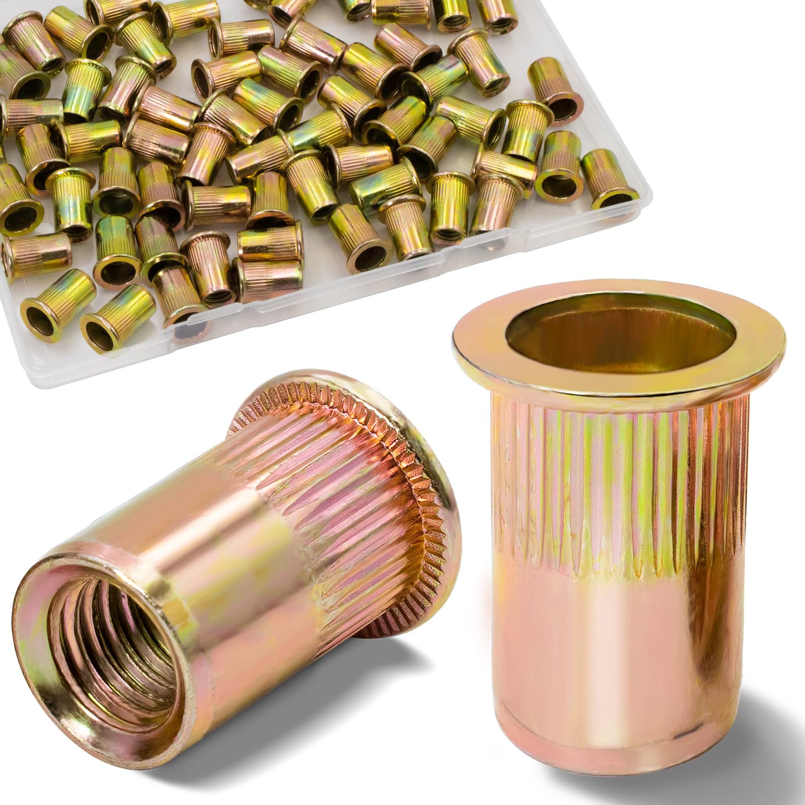 Vifmy 70Pcs M8 Rivet Nuts, Metric Zinc Plated Finish Carbon Steel Flat Head Threaded Insert Nutsert Kit, Yellow