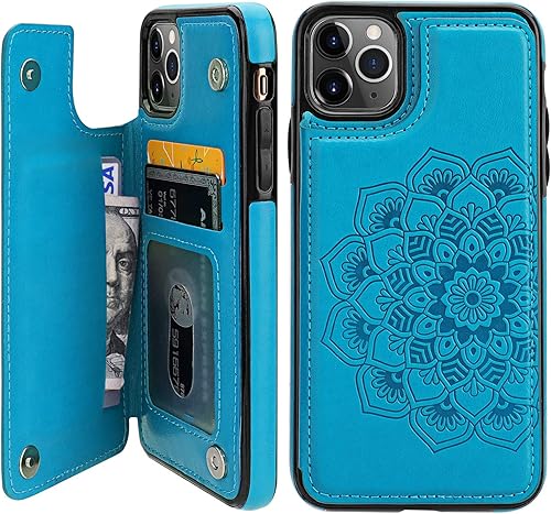 Vaburs Funda para iPhone 11 Pro Max con tarjetero y diseño de mandala en relieve, piel sintética de alta calidad, doble botones magnéticos, a prueba