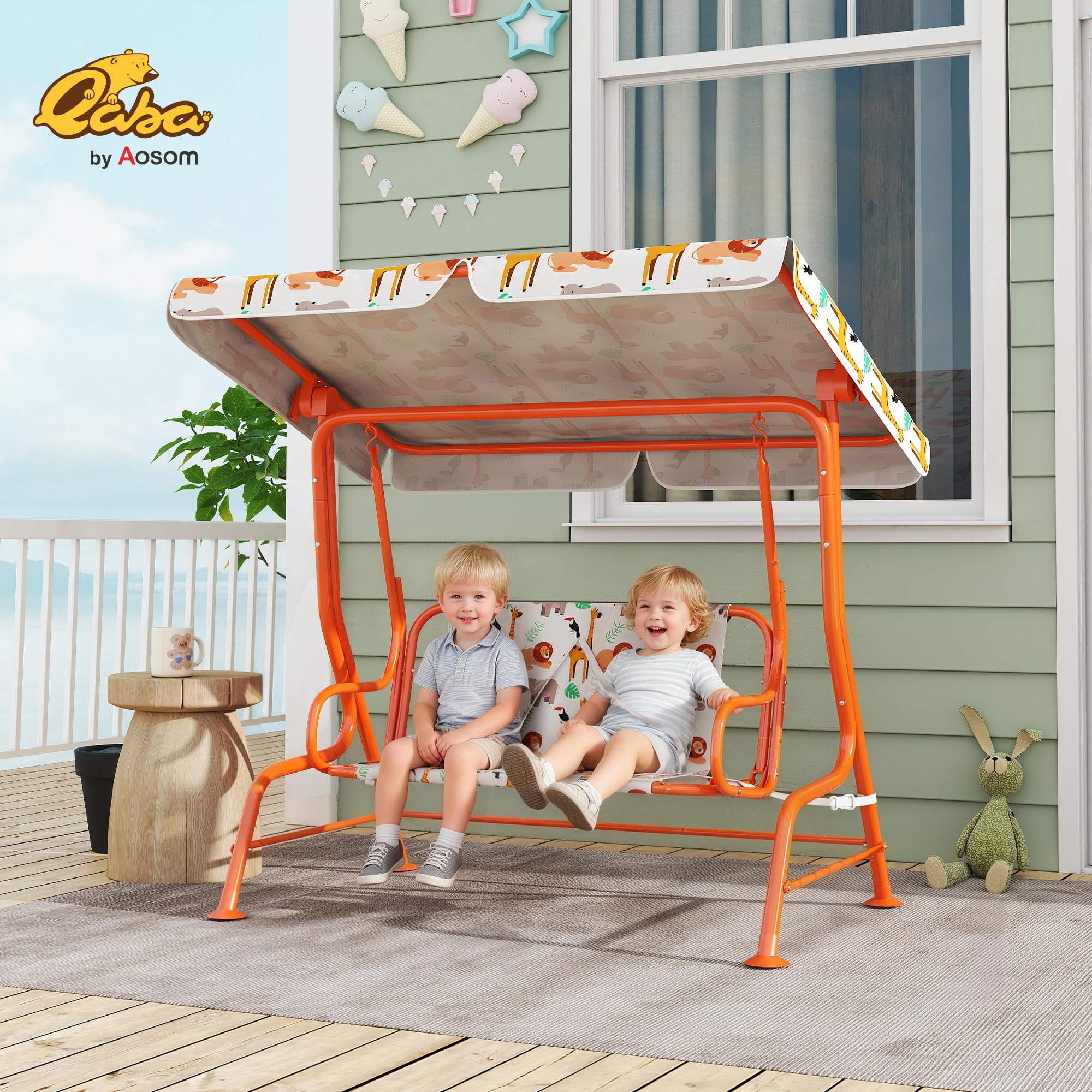 AIYAPLAY Balançoire pour enfants, banc à bascule 2 places avec auvent réglable, ceintures de sécurité, pour l'intérieur et l'extérieur, pour le jardin, la terrasse, la salle de jeux, orange