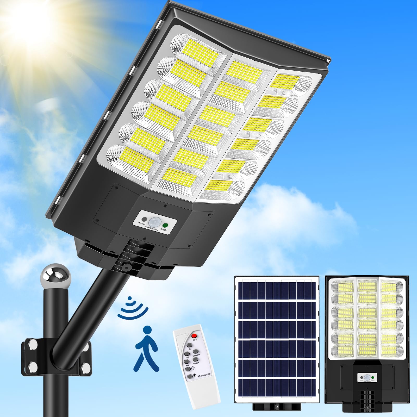 1200W Farolas Solares Exterior,Impermeable IP65 Farol Solar Exteriors con Control Remoto,120000LM 6500K Farola Solar Exterior Potente con Sensor de Movimiento,para Jardín, Estacionamiento