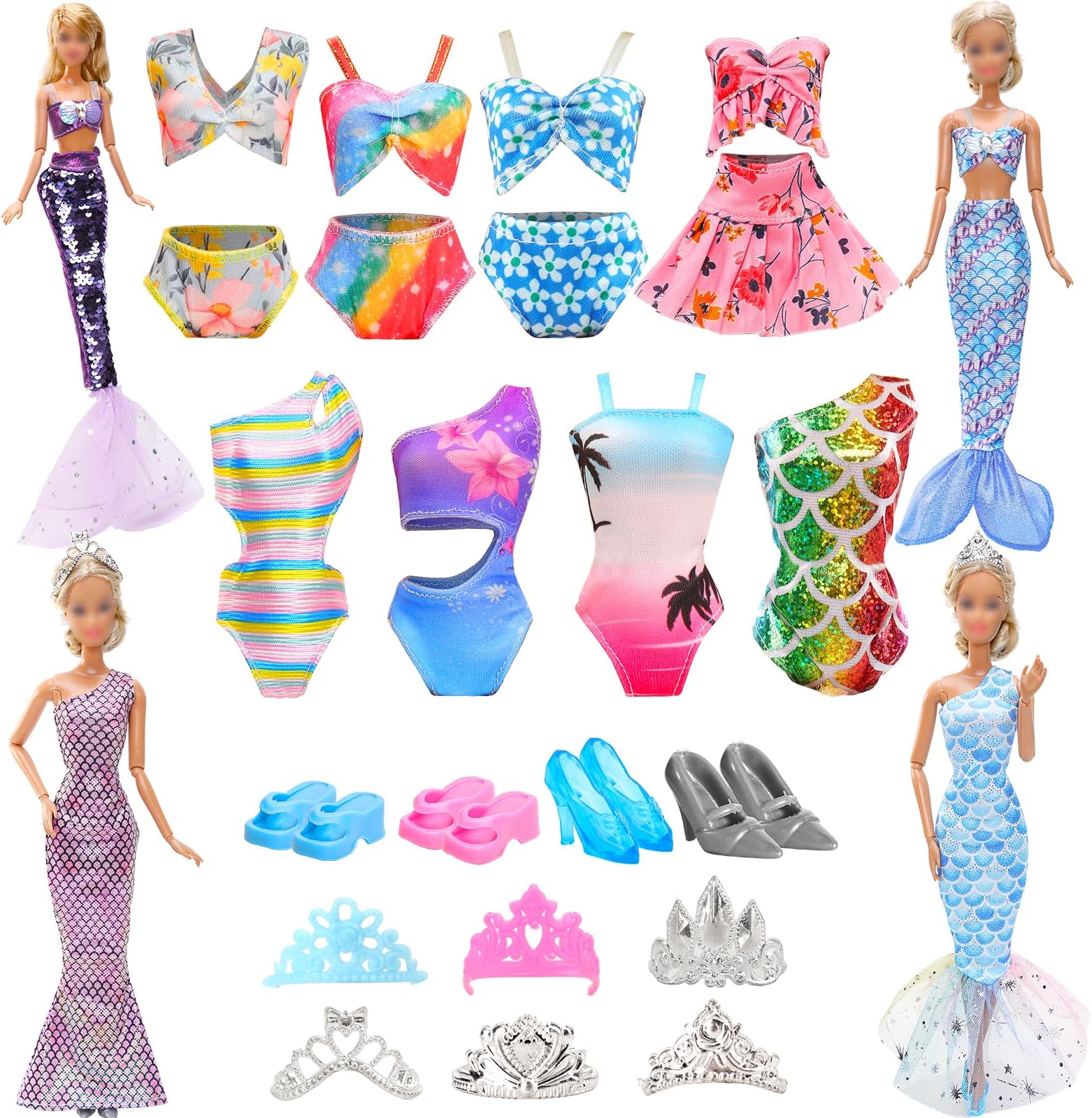 18 Pcs Mermaid Theme Doll Clothes & Accessories Include 2 Fishtail Evening Dresses 2 Mermaid Swimsuits 4 Colorful Doll Swimwears with 4 Shoes 6 Crowns for 11.5 Inch Dolls Summer Mermaid Set