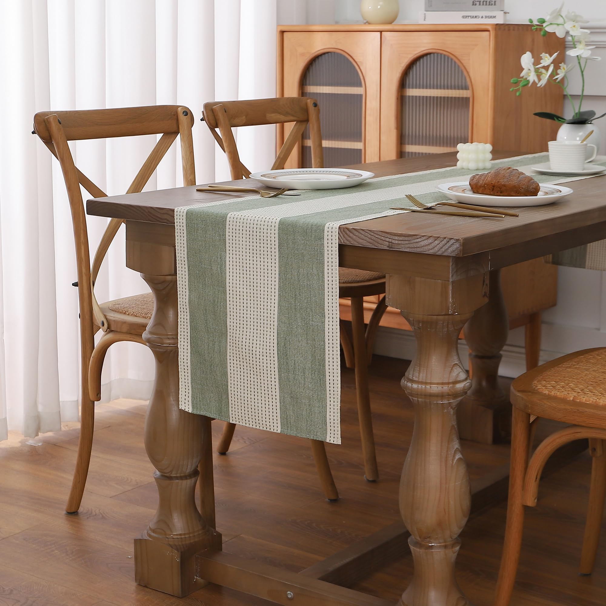 GernaiceBoho Table Runner, Rustic Striped Cotton Linen Farmhouse Table Runners for Dresser Dining Living Room Bedroom Home Decor, 48" L X 13" W Sage Green
