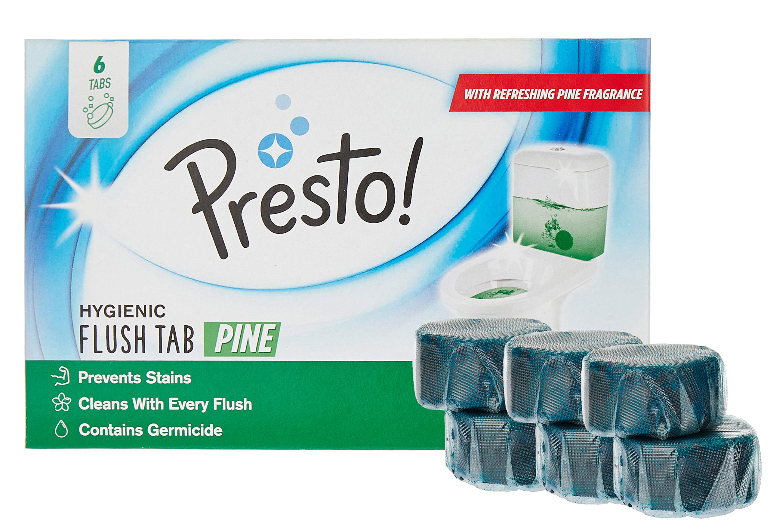 Amazon Brand - Presto! Hygienic Flush Tabs | Pine | 300 Gram | 50 G X 6 Tabs 1