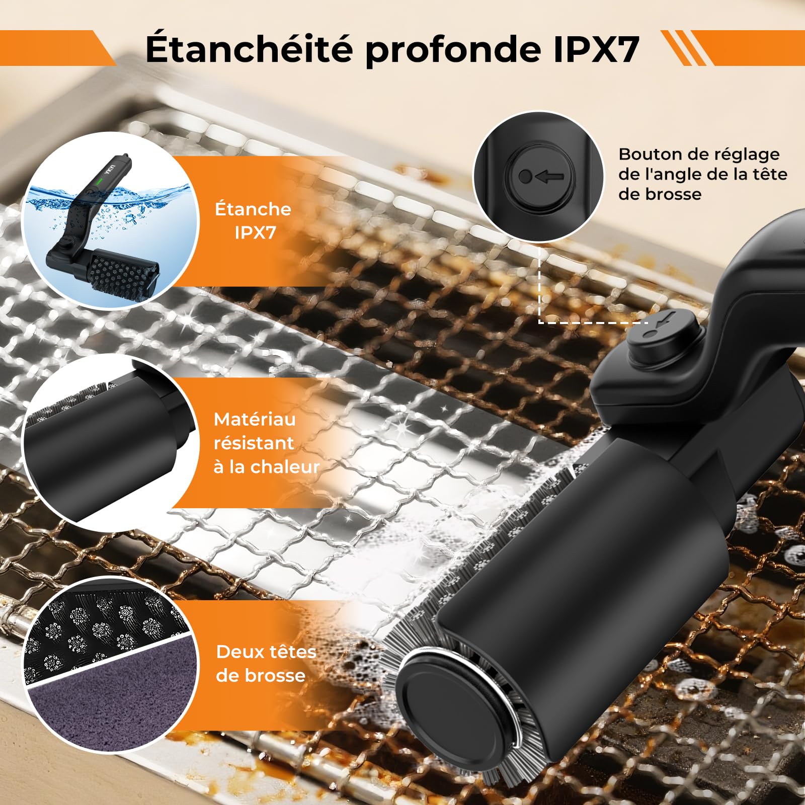 YKYI Brosse Barbecue Électrique sans Fil, Rechargeable, IPX7 | Têtes acier/tissu amovibles, angle 180° 7 positions, 90 min, protection 360°, pour barbecue extérieur et camping