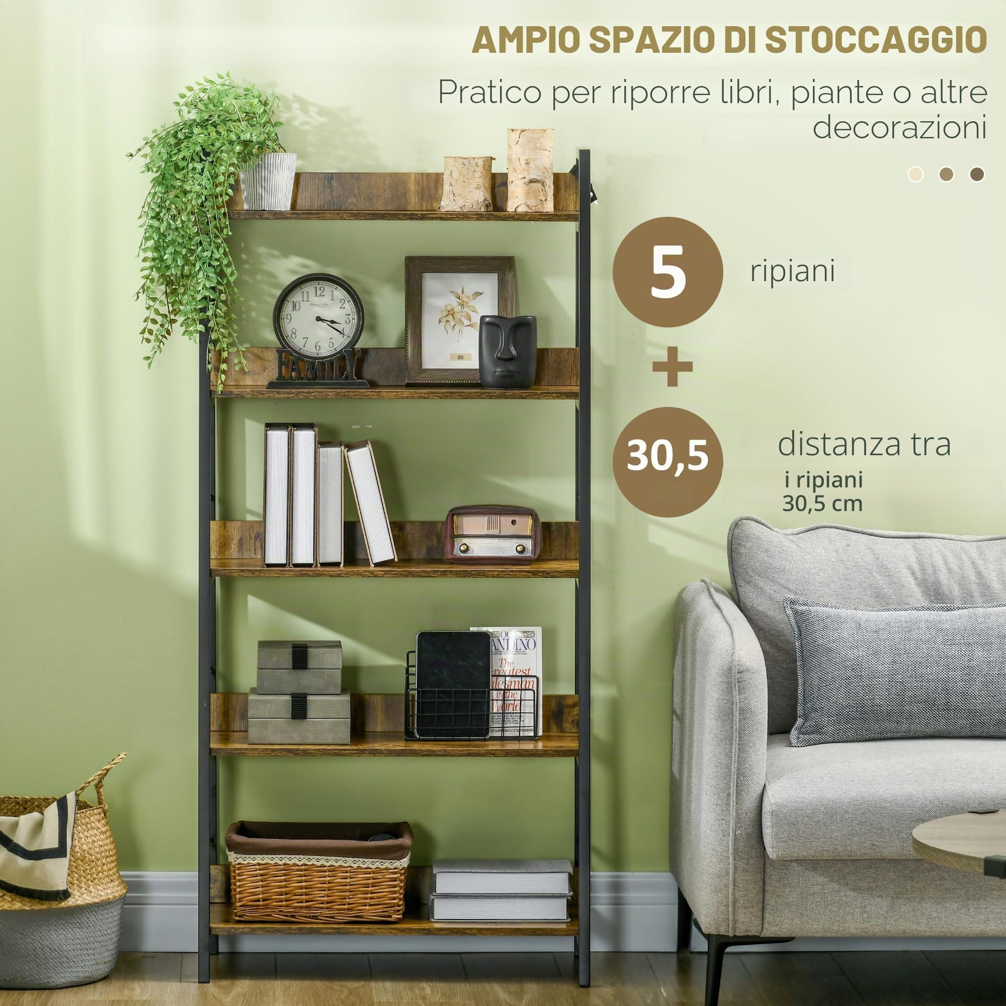HOMCOM Libreria 5 ripiani 70x35x150 cm marrone rustico | Stile industriale inclinato