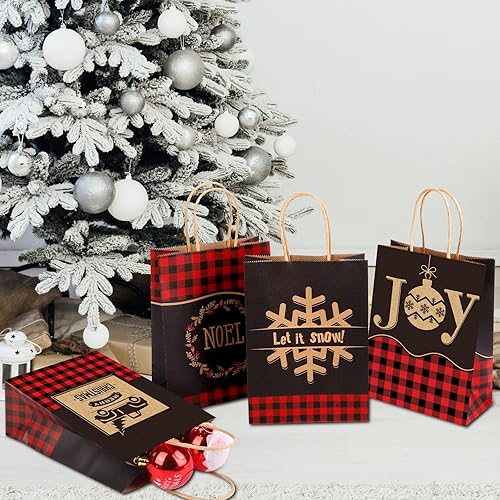 Miniatura 7 de Aneco 24 bolsas de papel kraft de Navidad, bolsas de regalo a cuadros rojos y negros con asas, bolsas de dulces de Navidad en 6 diseños, 6.3 x 3.1 x