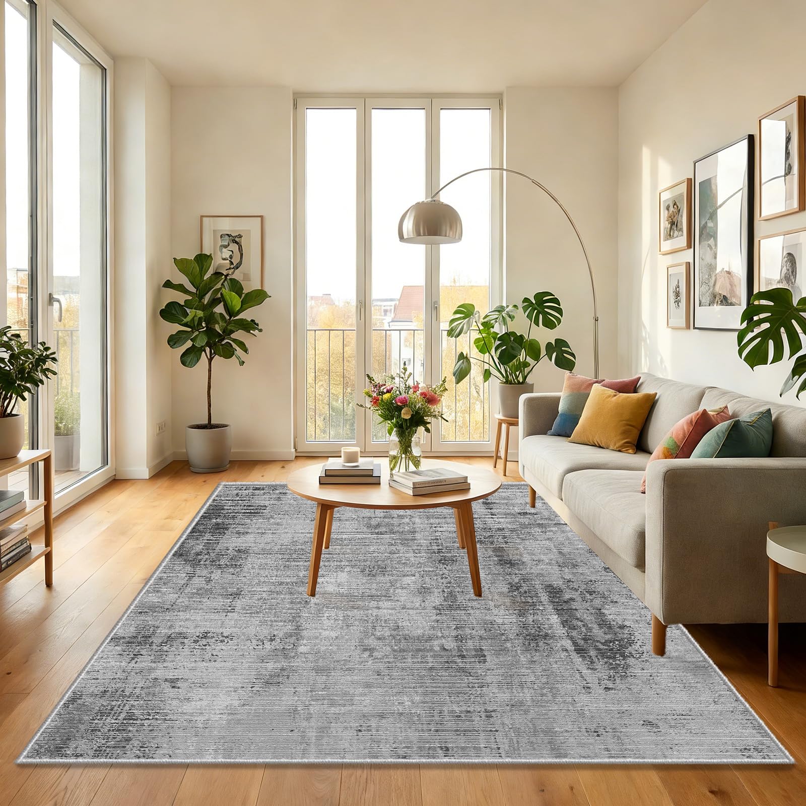 WUTONG Grey Rug for Bedside, 80x120cm,Washable Short Pile Area Rugs with Faux Cashmere Softness,Non-Slip Modern Abstract Doormat for Hallway Kitchen