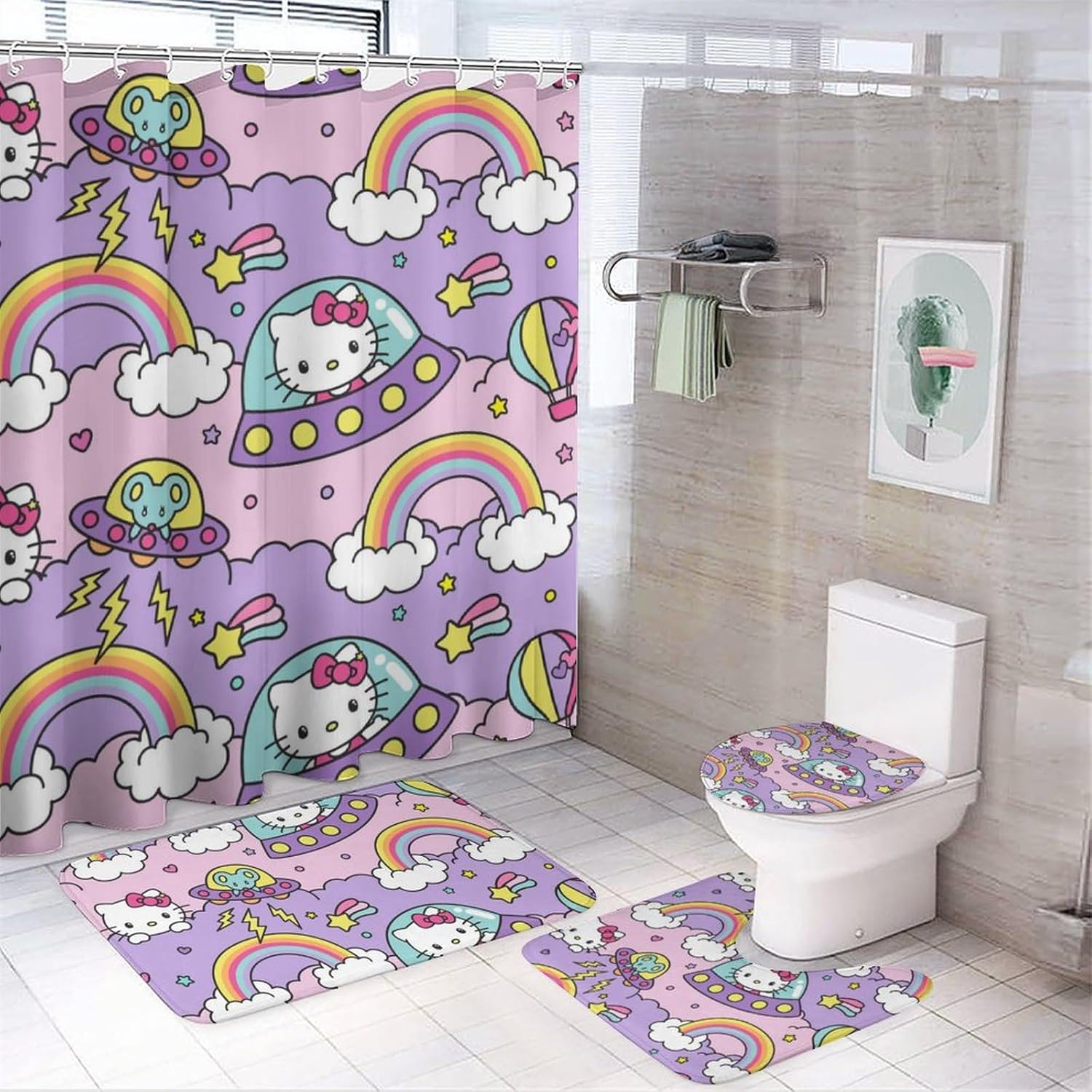 Amazon.com: Shower Curtain Set Hello Cat Kitty Bathroom Accessories ...