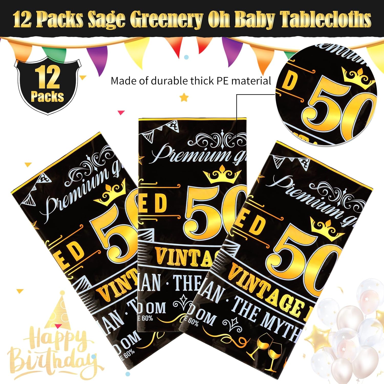 Vintage 50th Plastic Tablecloths - Black Gold Vintage Happy 50 Birthday Party Table Cloth - Cheers to 50 Years Party Decorations for Men - 12 Packs (12)