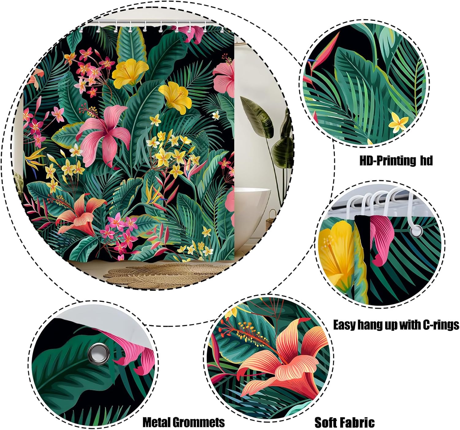 Tropical Plant Floral Shower Curtain Green Palm Banana Leaf Pink Flowers Botanical Jungle Nature Bathroom Decor Fabric Curtain with Hooks,70" WX96 H