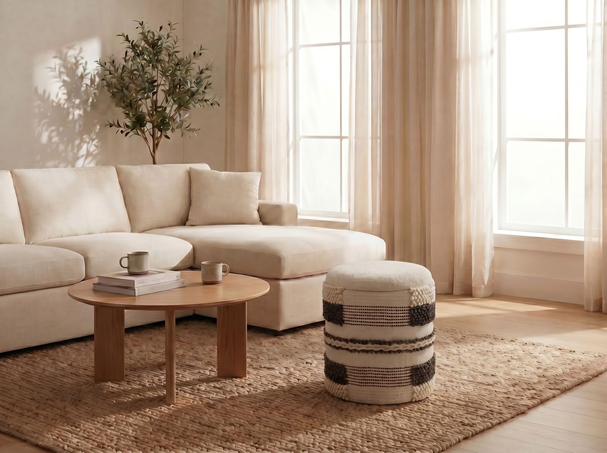 FineBuy Pouf Rotondo 40 cm Lana Beige con Vano Contenitore | pouf imbottito coperchio amovibile, pouf in tessuto in stile boho, sgabello da toeletta fino a 120 kg, artigianale