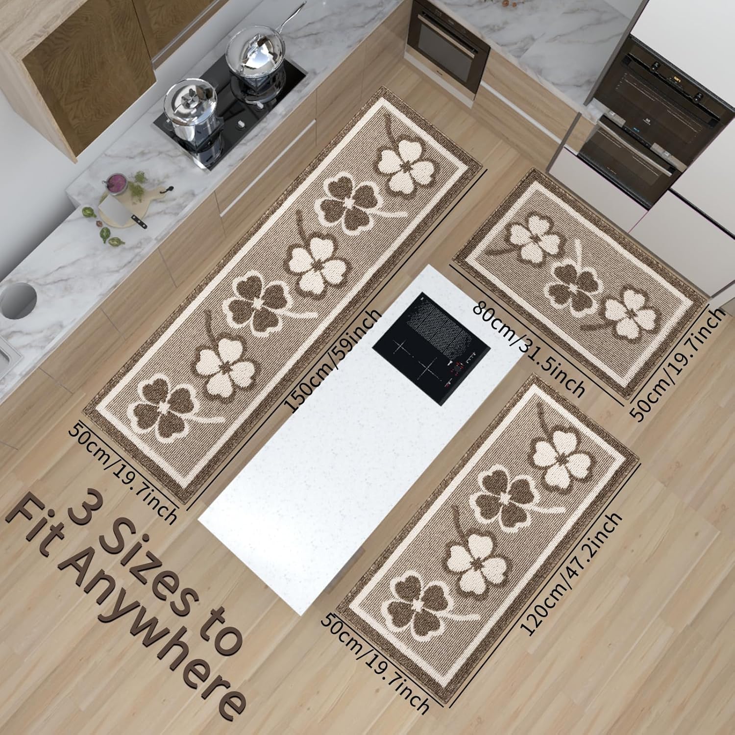 Kitchen Rugs Sets 3 PCS Non Slip Kitchen mats for Floor,Washable Kitchen Runner Rug,Super Absorbent Kitchen mats for Kitchen,Bathroom,Floor,Office,Sink(Brown,20"x32"+20"x48"+20"x59")
