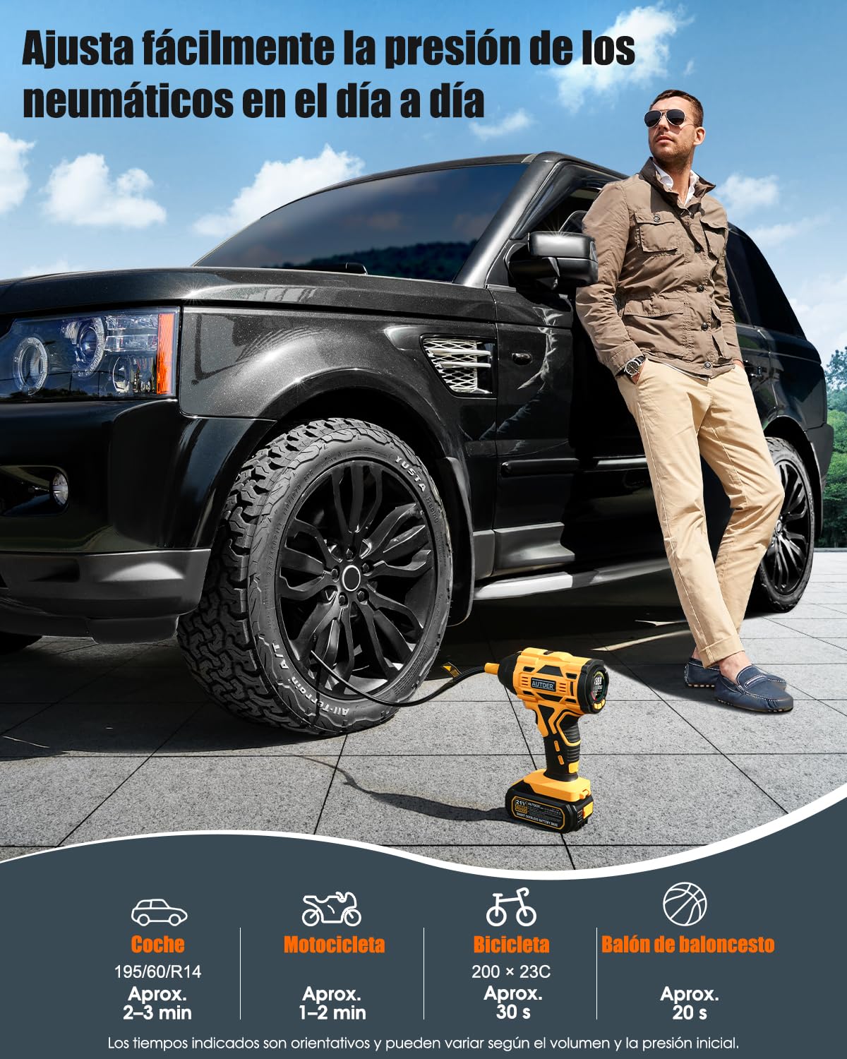 AUTDER Inflador de Neumáticos Portátil 180 PSI, Compresor de Aire Inalámbrico con Batería Extraíble de 21V y Cable de Alimentación para Coche 12V, Apagado Automático, Pantalla LCD, Luz LED para Coche